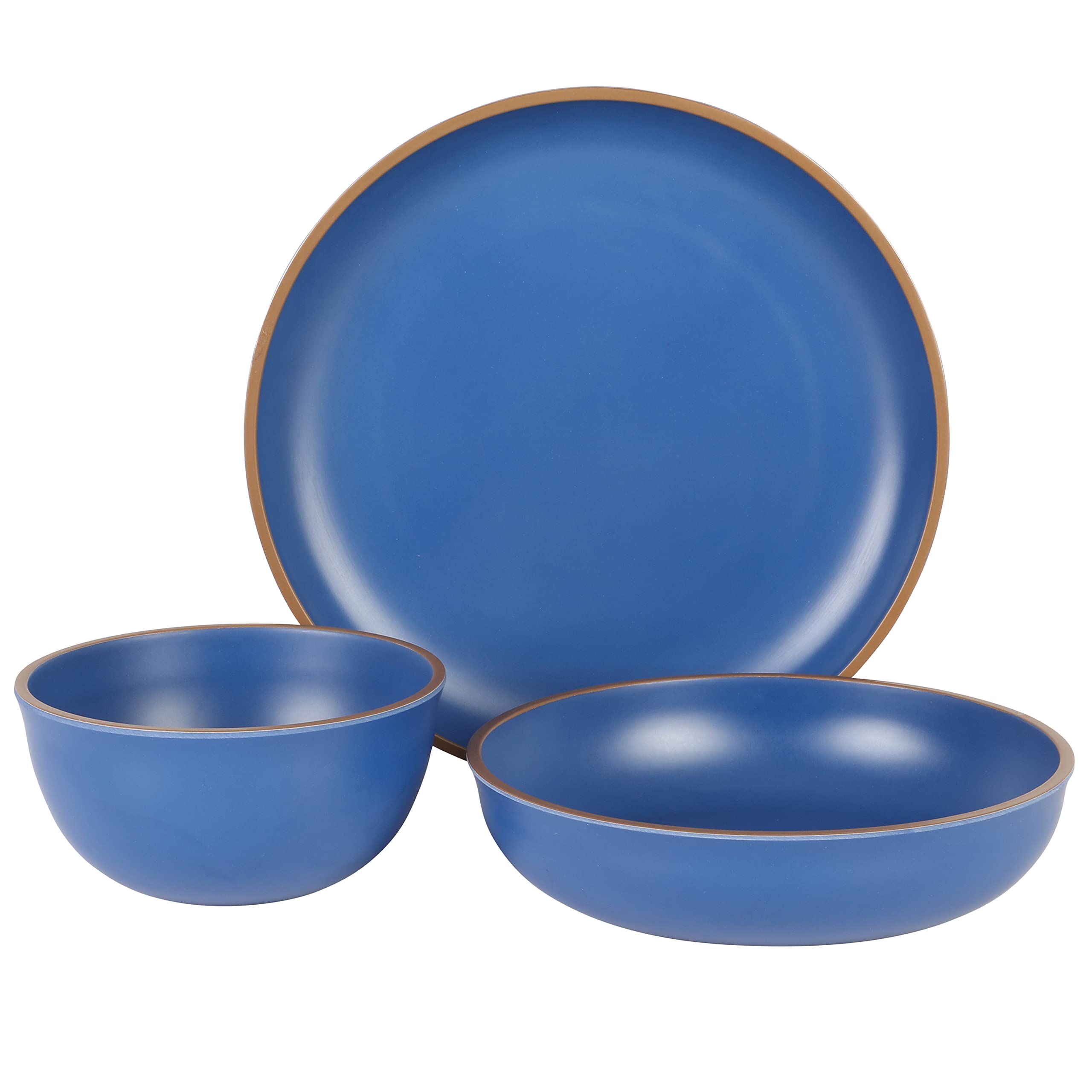 Gibson Home Rockabye 12-Piece Double Bowl Melamine Dinnerware Set - Durable Plastic Plates & Bowls - Matte Blue - Perfect for Outdoor Dining, Picnics & Camping