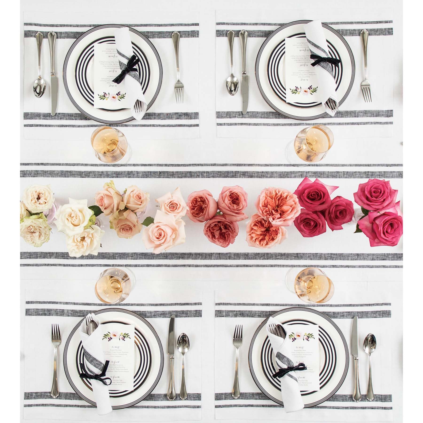Solino Home French Stripe Linen Placemats Set of 4 - 14x19 Inch 100% Pure Black & White Washable Table Mats - Elegant Dining Decor for Spring, Easter, Mother's Day & Everyday Use