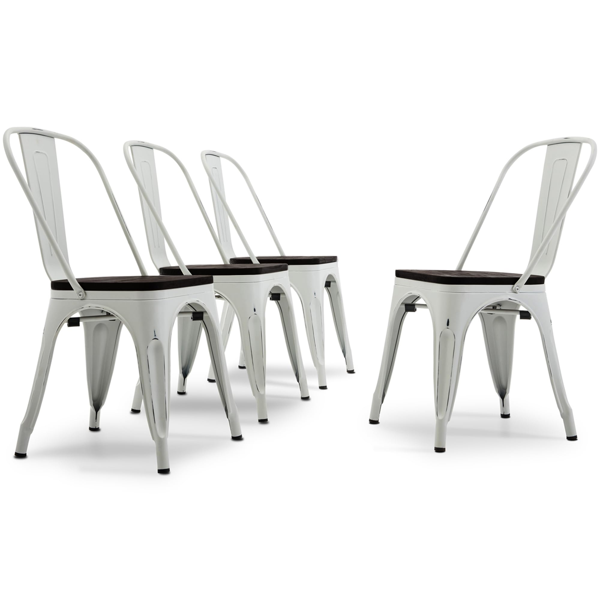 BELLEZE 4-Piece Metal Dining Chairs Set - Stackable Vintage Farmhouse Chairs with Detachable Backrest & Wood Seat - Weather Resistant Tolix Style for Indoor & Outdoor Use - Antique White - Perfect for Patio, Garden, Kitchen & Dining Room