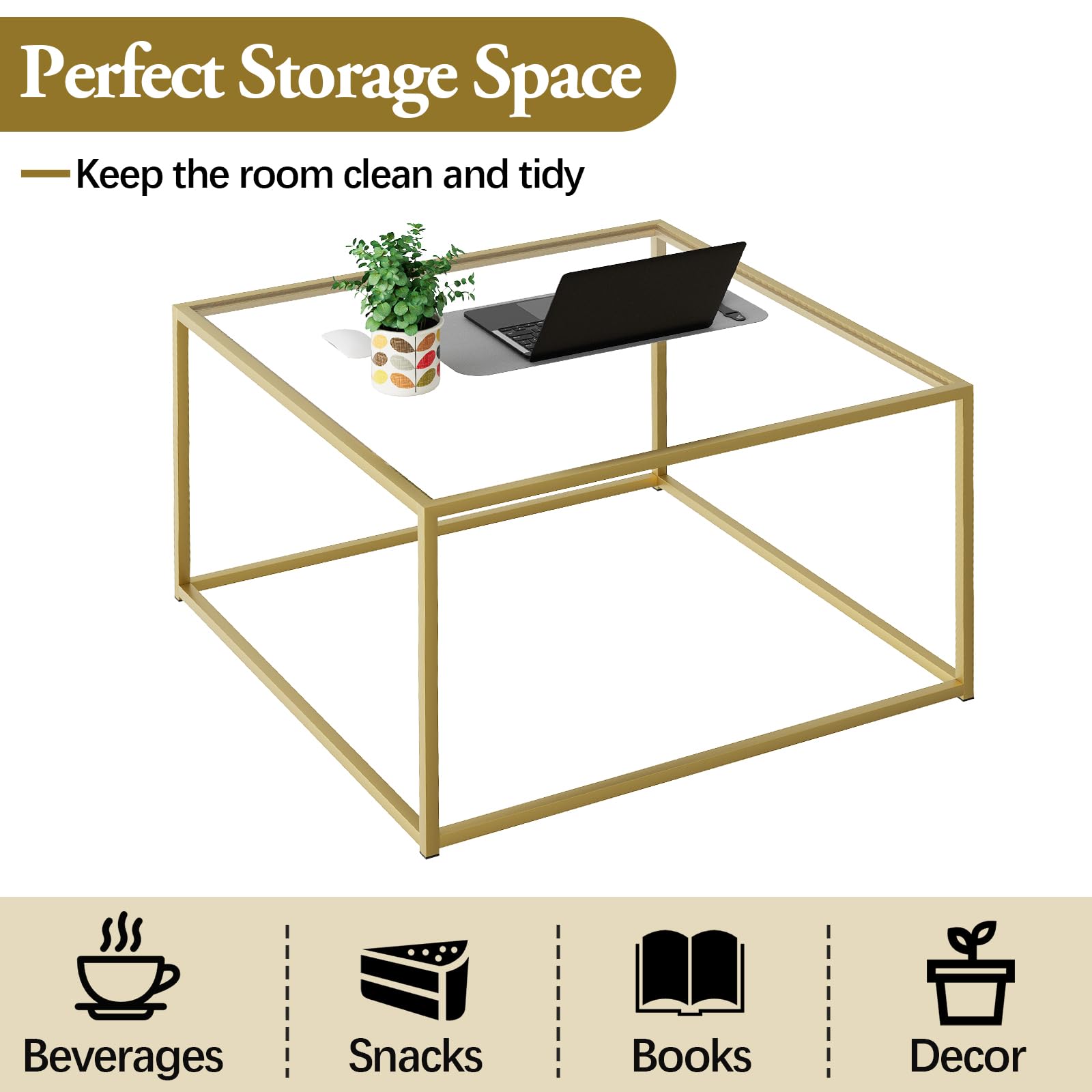 Modern Glass Coffee Table - 26x26 Inch Small Square Coffee Table for Living Room, Gold & Clear Glass Center Table, Easy Assembly, Perfect for Small Spaces & Apartments - Ideal for Living Rooms, Studios, and Cozy Home Decor