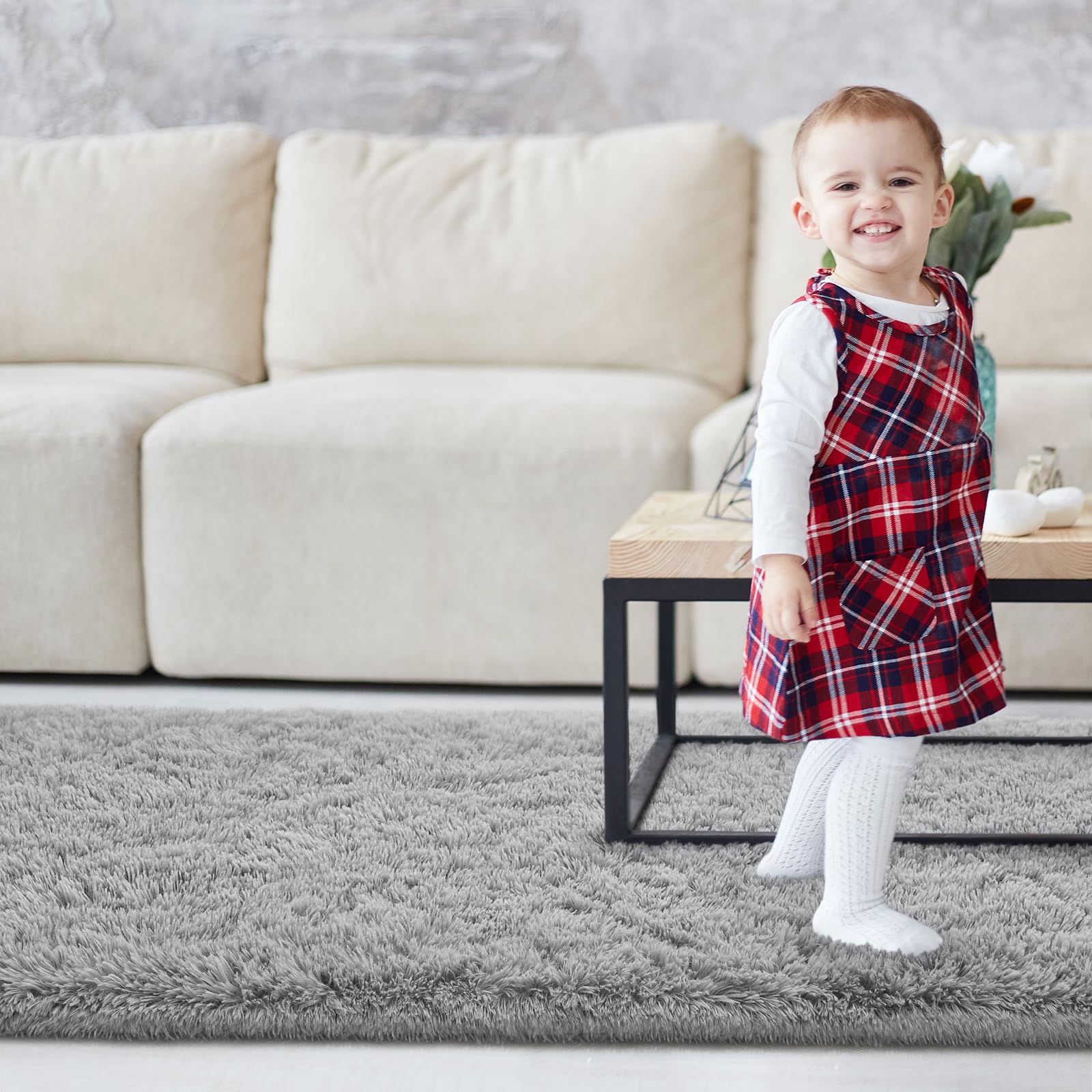 Kimicole Grey Area Rug 2x6 Feet - Modern Fluffy Shaggy Rug for Bedroom & Living Room - Soft Plush Carpet for Home Decor, Kids Play Area, Nursery & Office
