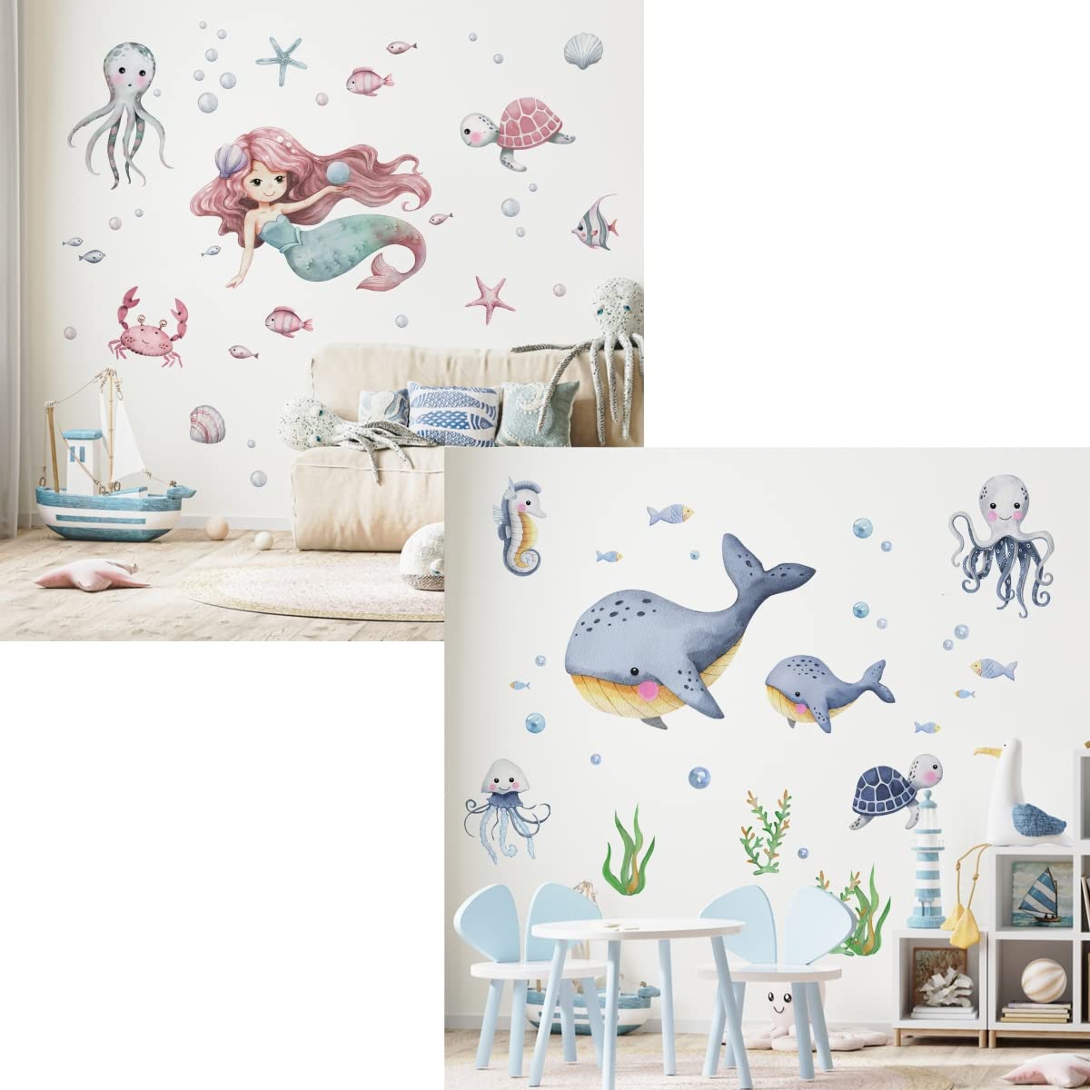 Under The Sea Whale Wall Decals - Ocean Theme Mermaid & Marine Animal Stickers for Kids Room Decor | Neutral Nursery, Toddler Bedroom & Baby Gift Ideas | Perfect for Birthday Parties, Classroom Decor & DIY Home Design