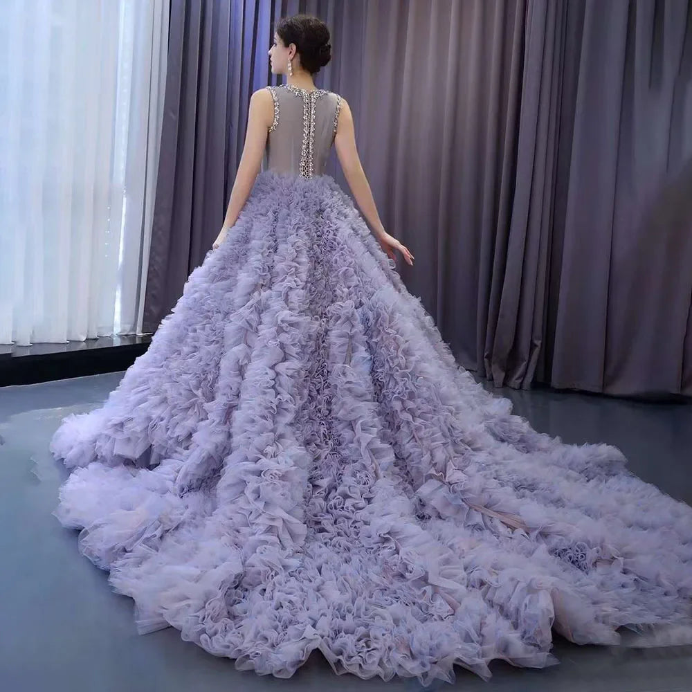 Serene Hill Muslim Purple Lace Up Beaded Luxury Ball Gown - Elegant Bridal Wedding Dress 2025 | High-End Custom Made HM222115 | Perfect for Muslim Weddings, Formal Events & Special Occasions