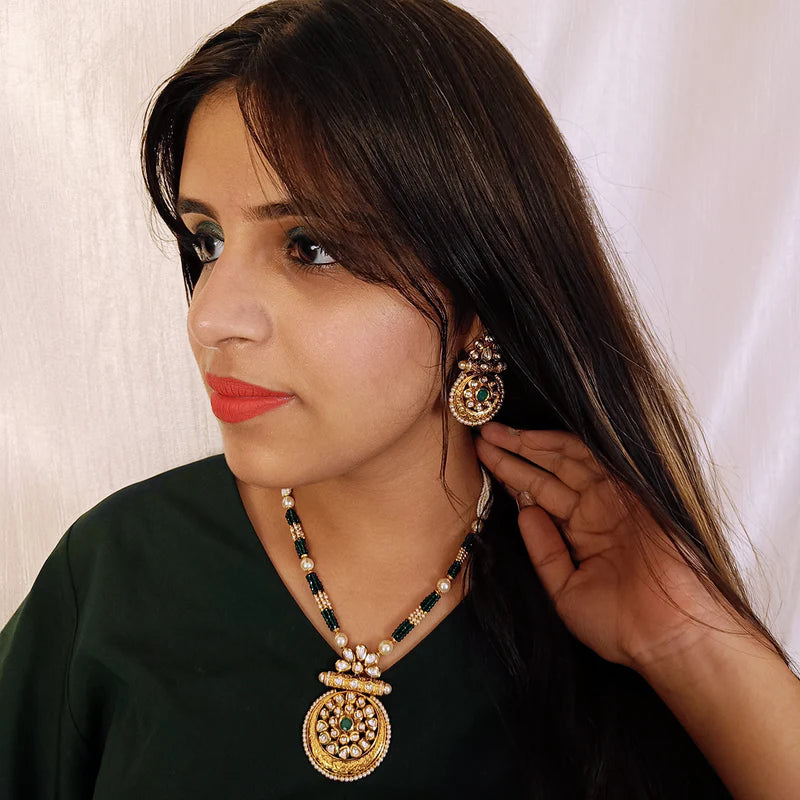 Luxury Gold Plated Royal Kundan Ruby Beads Pendant Necklace Set (D437) - Perfect for Weddings, Parties & Special Occasions