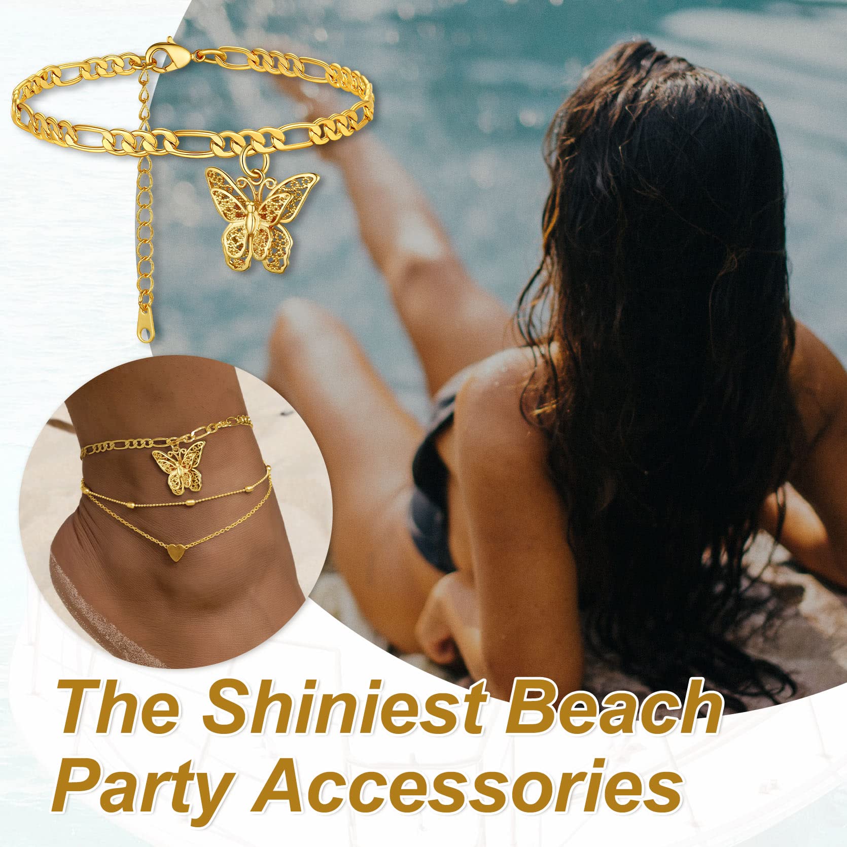 GOLDCHIC JEWELRY 14K Gold Plated Butterfly Anklet for Women - Adjustable 8.5+2 Inch Figaro Chain Ankle Bracelet - Elegant Foot Jewelry for Summer, Beach, Parties & Special Occasions
