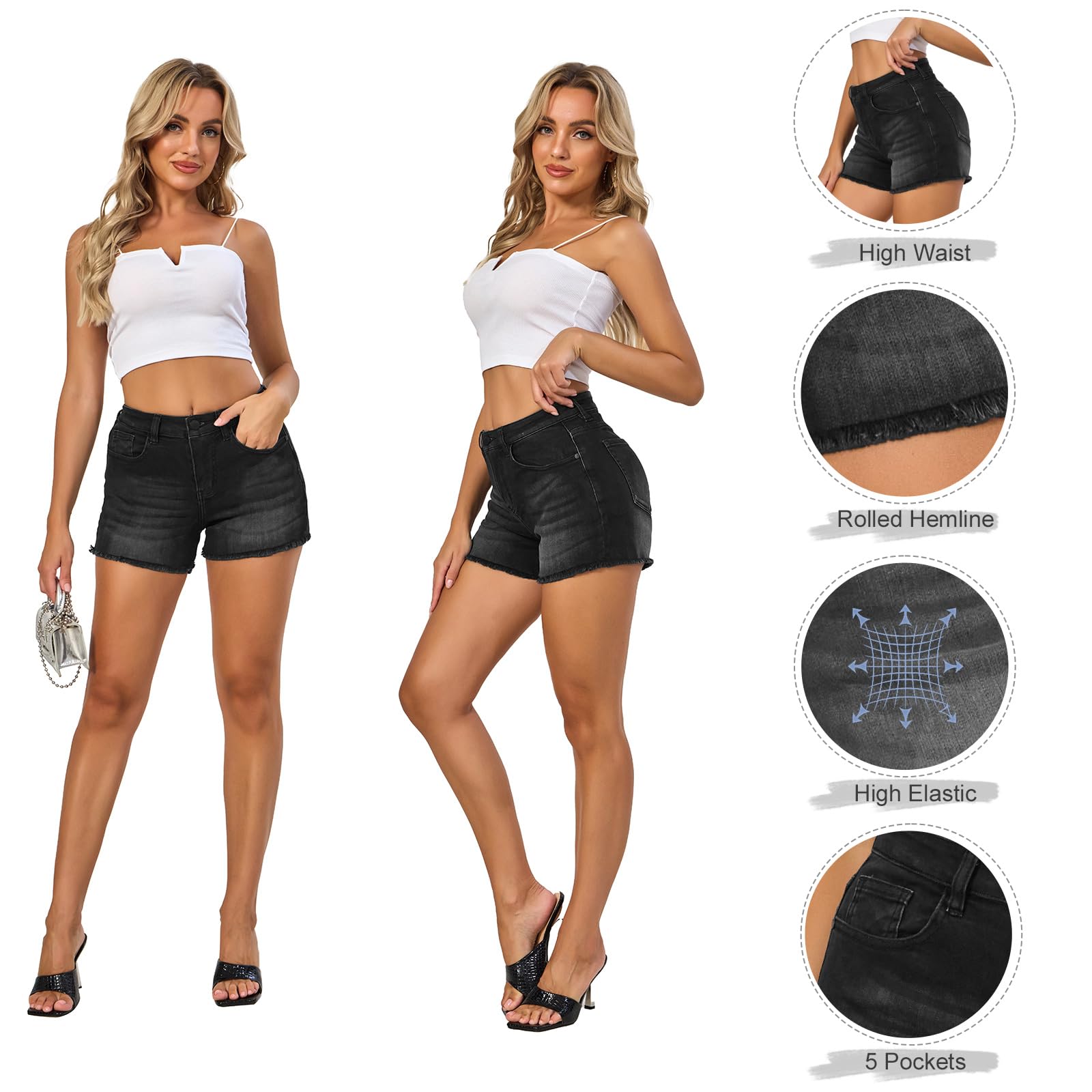 VIPONES Women's Mid Rise Stretchy Denim Shorts - Frayed Raw Hem Casual Summer Jeans Shorts for Outfits, Beach & Travel