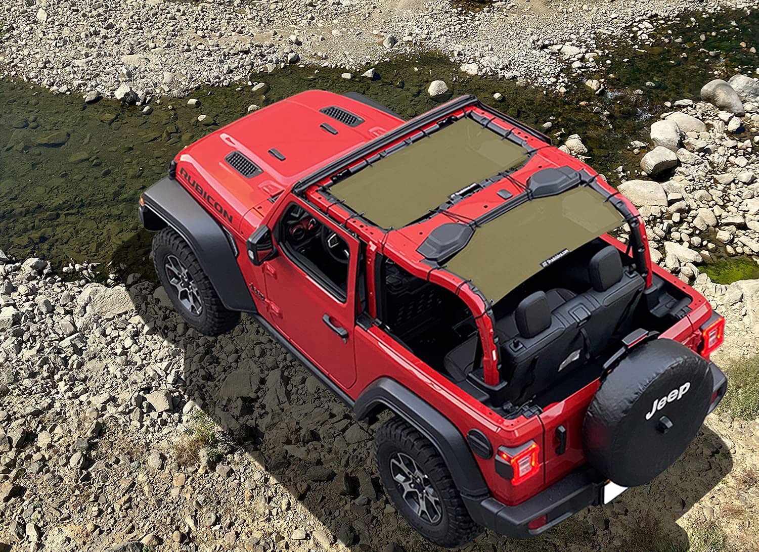 Shadeidea JL Sun Shade Top for Jeep Wrangler 2 Door (2018-2023) - Tank Green Mesh UV Blocker Soft Top Cover with Grab Bag Pouch - Front & Rear Sunshade - 10 Year Warranty - Perfect for Off-Roading, Beach Trips & Summer Protection