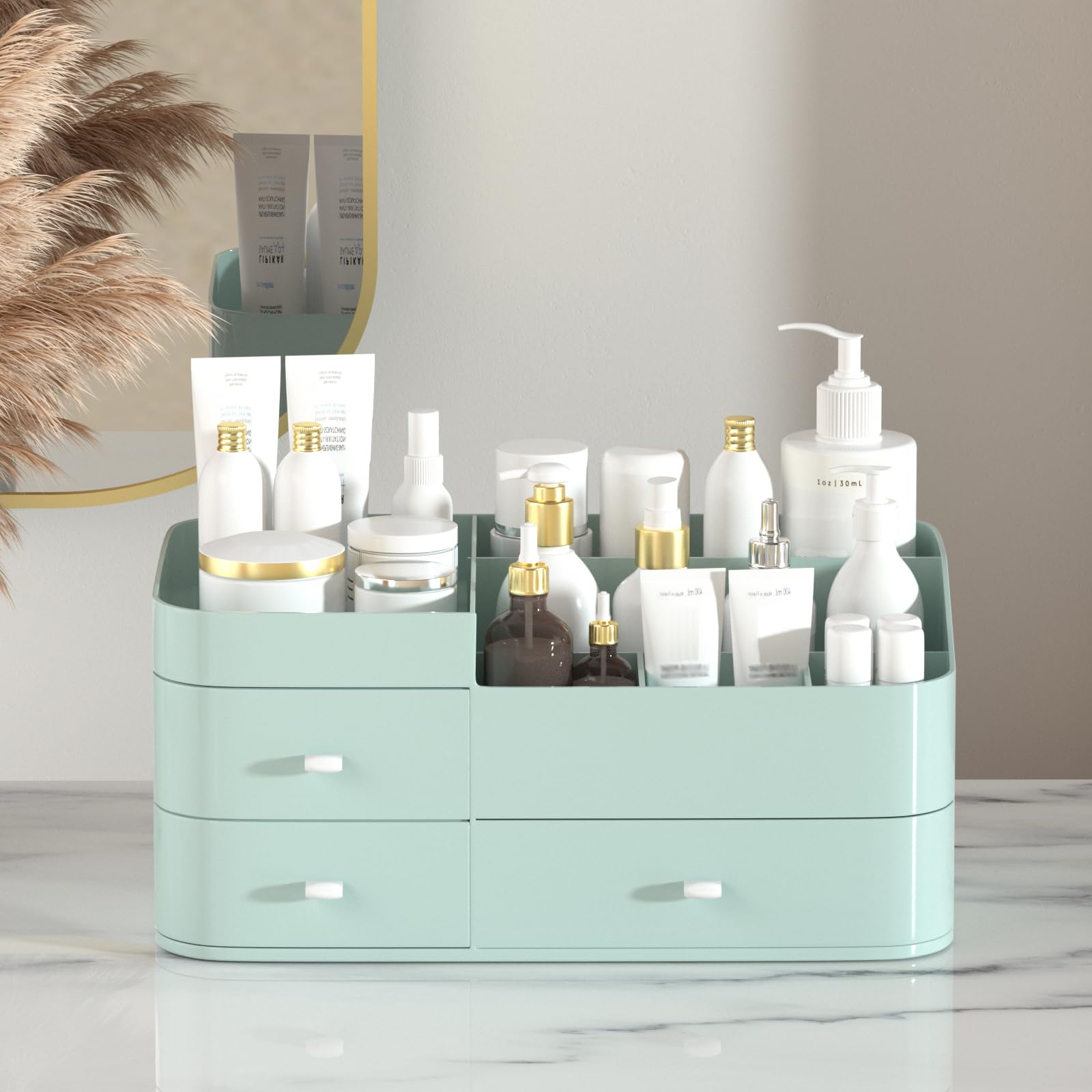 MIUOPUR Large Capacity Makeup Organizer with Drawers - Cosmetic Storage for Lipsticks, Jewelry, Nail Care & Skincare | Vanity & Desk Organizer | Perfect for Bedroom, Bathroom Countertops & Dressing Tables (Green)