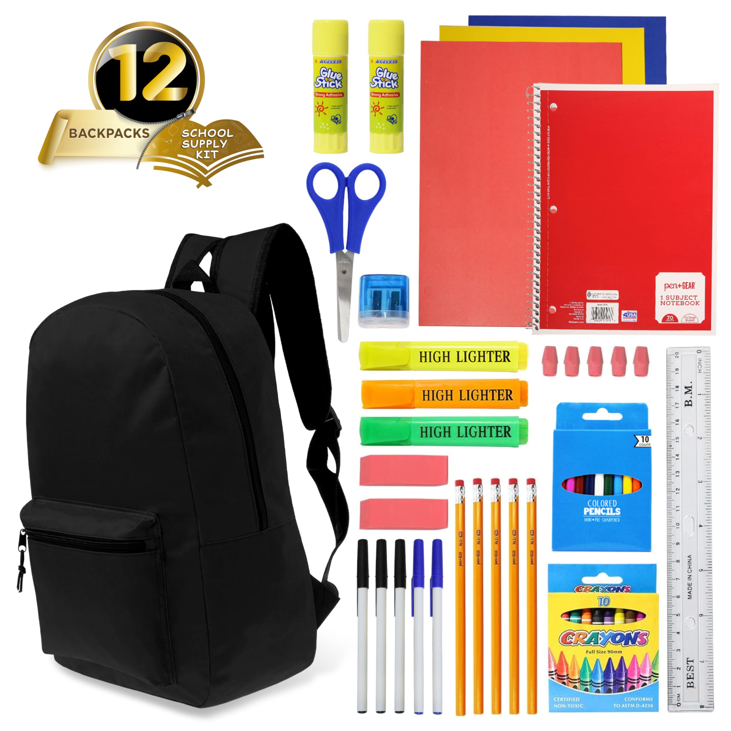 17 Inch Bulk Black Backpacks with 50-Piece Student Supplies Kit - Pens, Pencils, Crayons & More | Wholesale Case of 12 Value Bundle Packs for School, College & Office Use