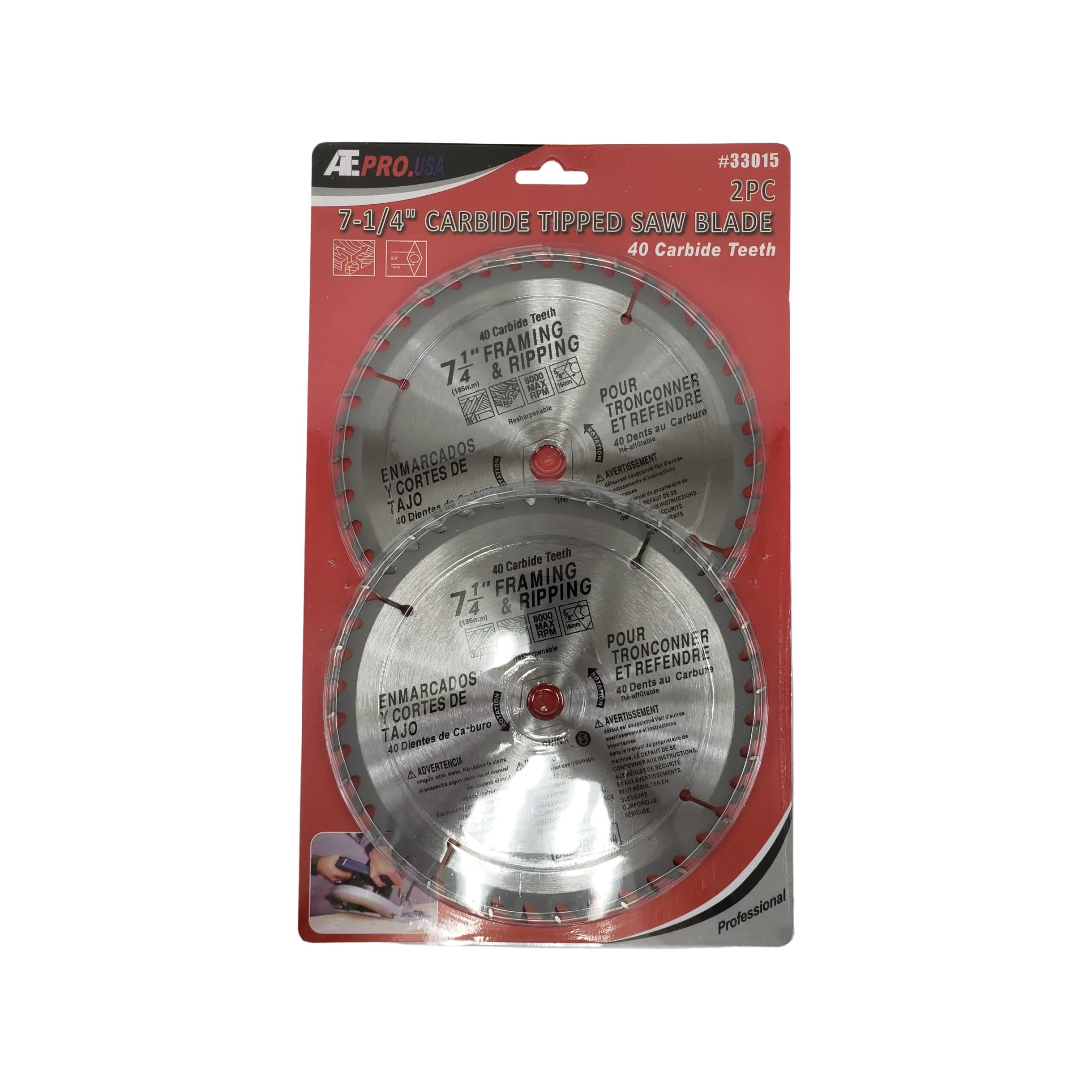 ATE Pro USA 33015 40 Teeth Carbide Tipped Circular Saw Blade (2 Pack) - 7-1/4 Inch for Wood Cutting - Perfect for DIY Projects, Carpentry, and Construction Work