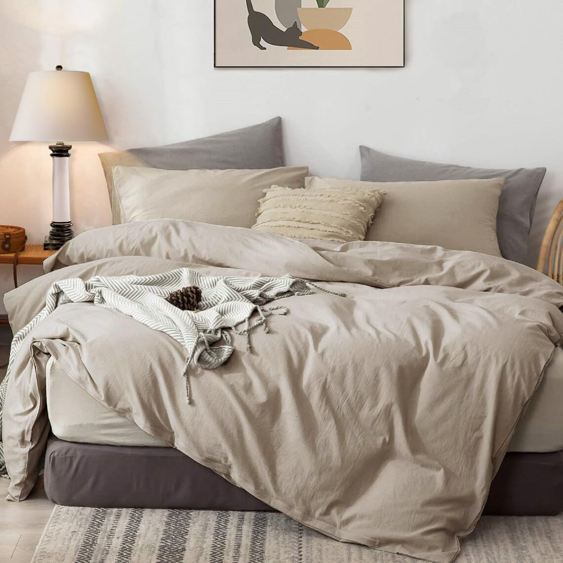 MKXI Solid Taupe Duvet Cover Set King Size - 100% Washed Cotton Comforter Cover in Light Tan | Elegant Neutral Bedding Collection for Master Bedroom & Guest Room Decor