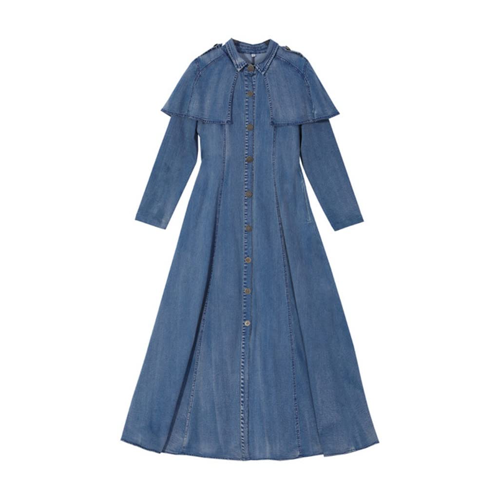 Women's Long Denim Dress Single Breasted Turn Down Collar Casual Spring Autumn Outfit - Perfect for Office Wear, Date Night & Weekend Brunch (Color A, Size L)