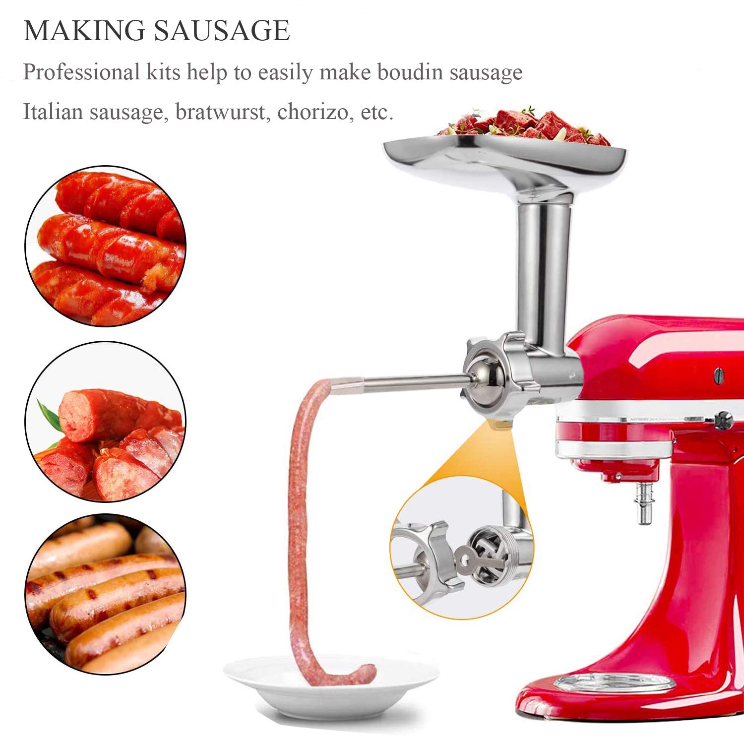 KitchenAid Stand Mixer Meat Grinder Attachment - Heavy Duty Metal Food Grinder with 2 Sausage Stuffer Tubes | Perfect for Homemade Burgers, Sausages & Ground Meat | Kitchood Silver Kitchen Accessory