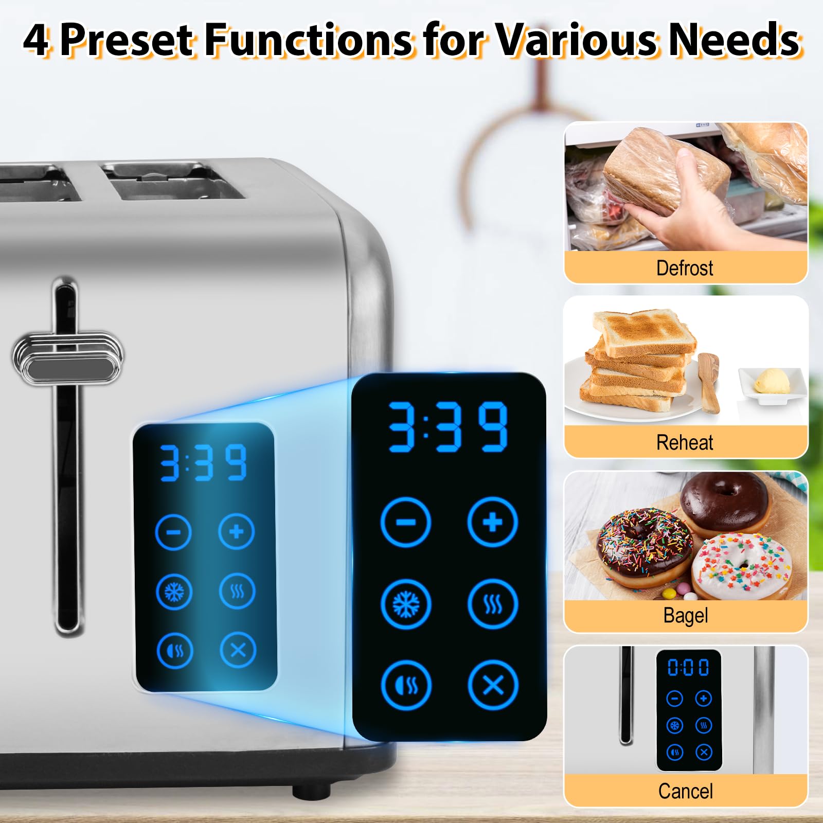 4 Slice Toaster with Extra-Wide Slots - Dual Independent Controls, 6 Toast Levels, Defrost/Reheat/Bagel Functions - 1650W Stainless Steel Toaster for Bagels, Thick Bread & Pastries - Perfect for Breakfast, Brunch & Family Dining