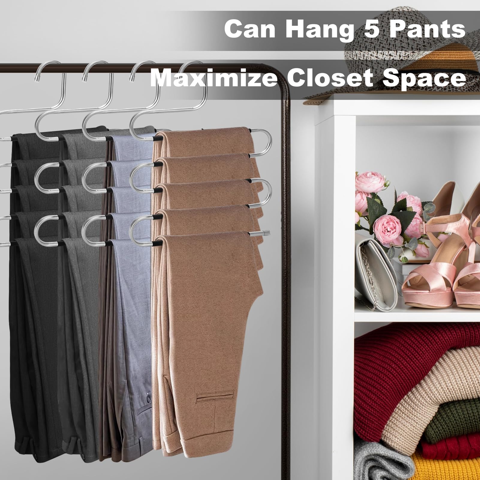 Space Saving Pants Hangers 4-Pack - Stainless Steel Non-Slip Closet Organizers for Jeans, Scarves, Towels & Leggings - Perfect for Small Closets & Wardrobe Organization