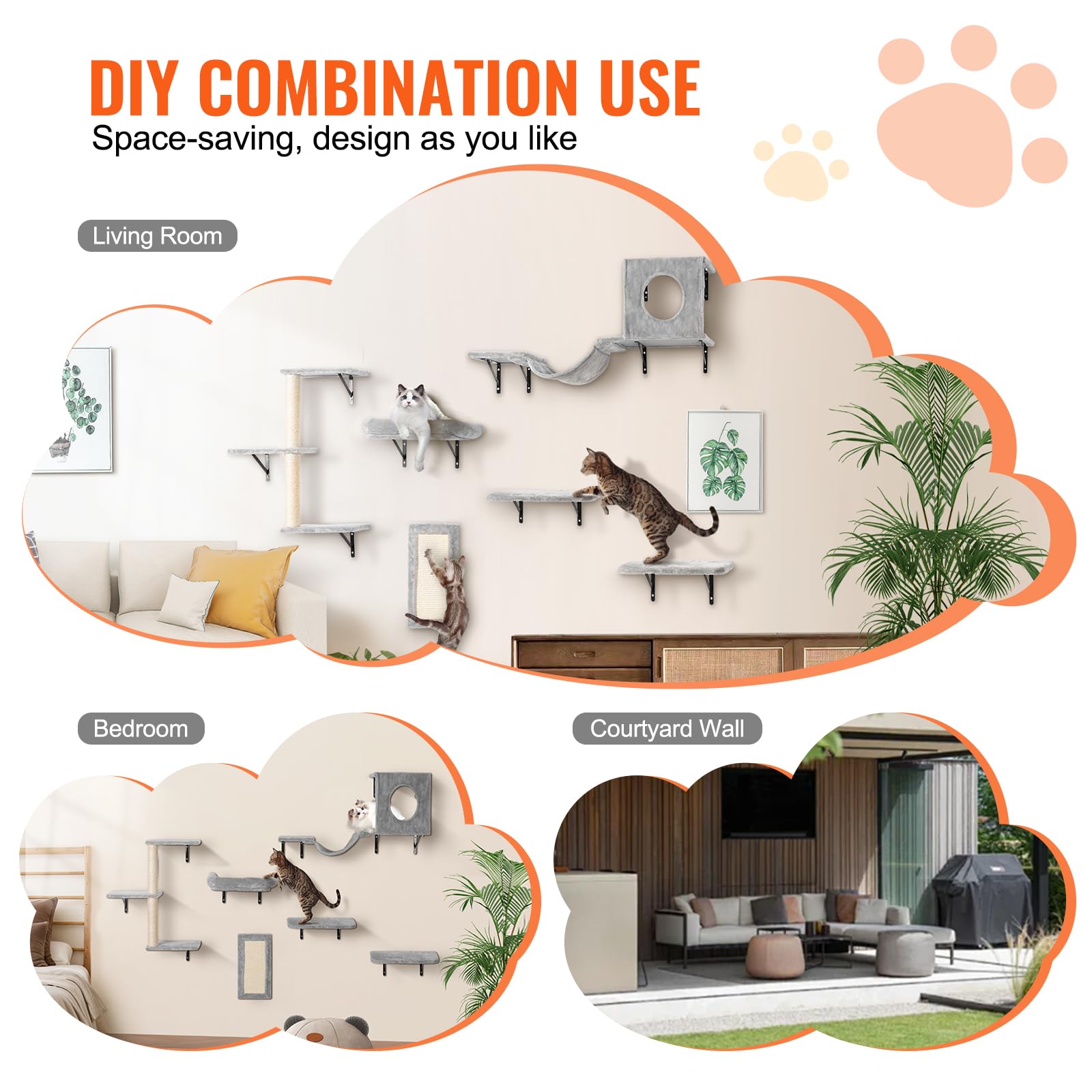 VEVOR Wall Mounted Cat Shelves Set of 6 - Cat Climbing Furniture with Perches, Jumping Boards, Hammock & Sofa - 40 lbs Capacity for Indoor Cats - Perfect for Play, Sleep & Climbing in Living Rooms & Bedrooms