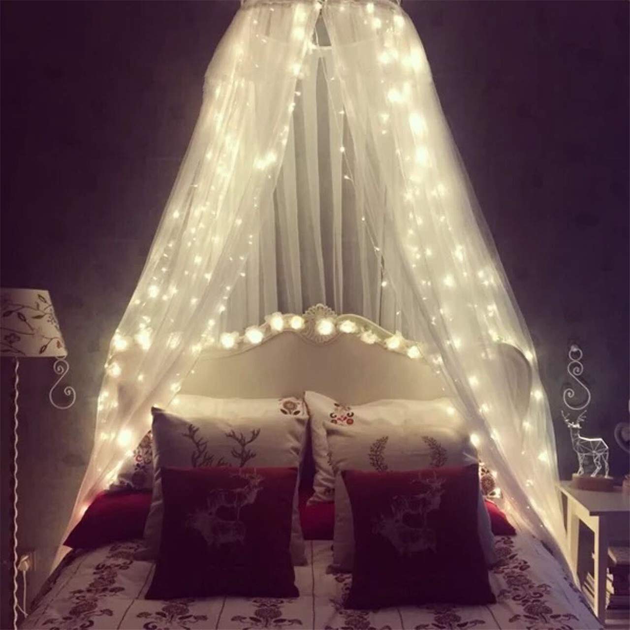 Elegant Bed Canopy with LED Lights & Mosquito Net - Full/Queen/Twin Size Ceiling-Hanging Princess Canopy Tent for Girls' Bedroom Decor | Perfect for Romantic Nights, Kids' Sleep Protection & Boho Room Aesthetics
