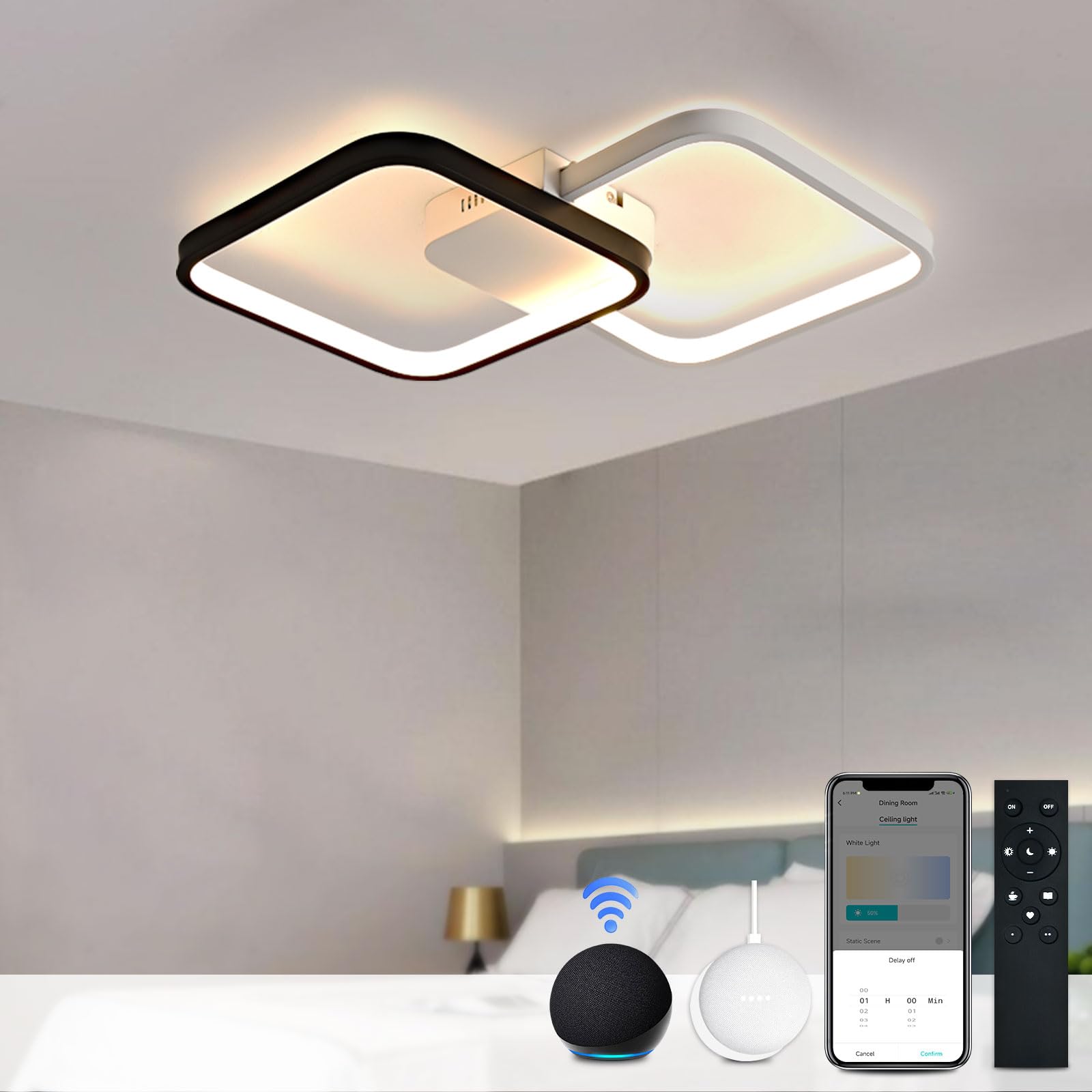 Smart LED Ceiling Light with Alexa & Google Home Voice Control - Modern Flush Mount Fixture for Living Room, Bedroom, Kitchen, Study & Home Office | Energy-Efficient Lighting Solution for Smart Homes