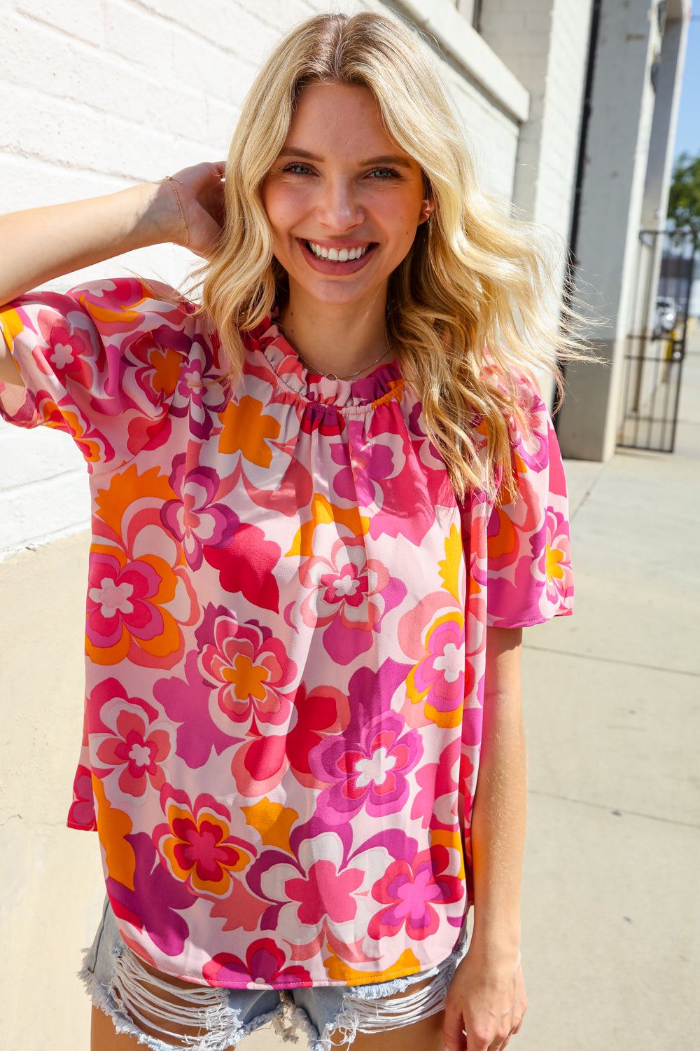 Perfectly You Fuchsia Big Floral Frill Neck Back Button Blouse - Women's Elegant Vintage Style Top for Parties, Dates & Office Wear