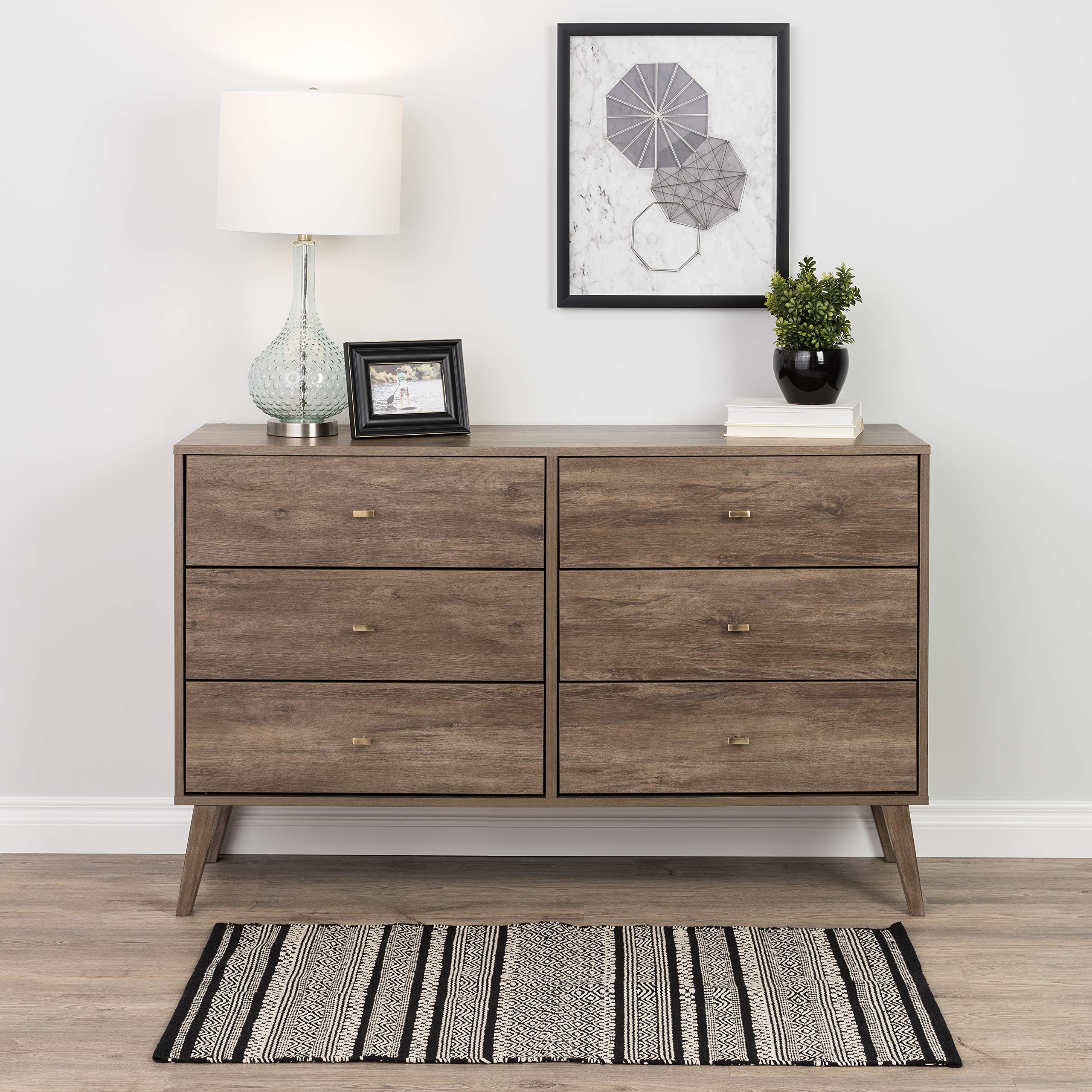 Prepac Milo 6-Drawer Dresser and 2-Drawer Tall Nightstand with Open Shelf - Drifted Gray - Modern Bedroom Furniture Set for Storage and Organization