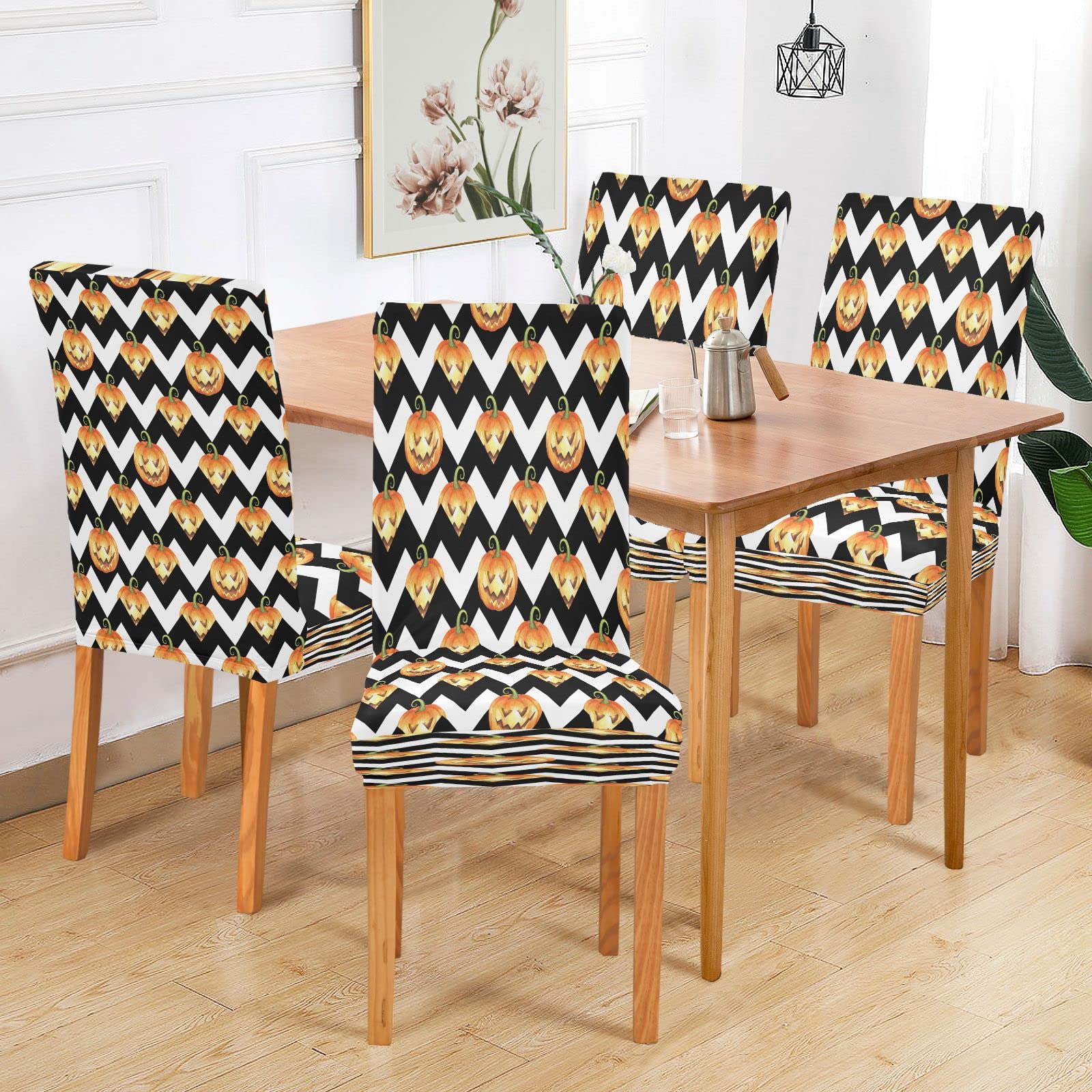 Halloween Pumpkin Striped Chair Covers - Black & White Chevron Stretch Slipcovers (2-Pack) | Removable Dining Seat Protectors for Home, Kitchen, Restaurant & Hotel | Perfect for Autumn Decor & Holiday Parties