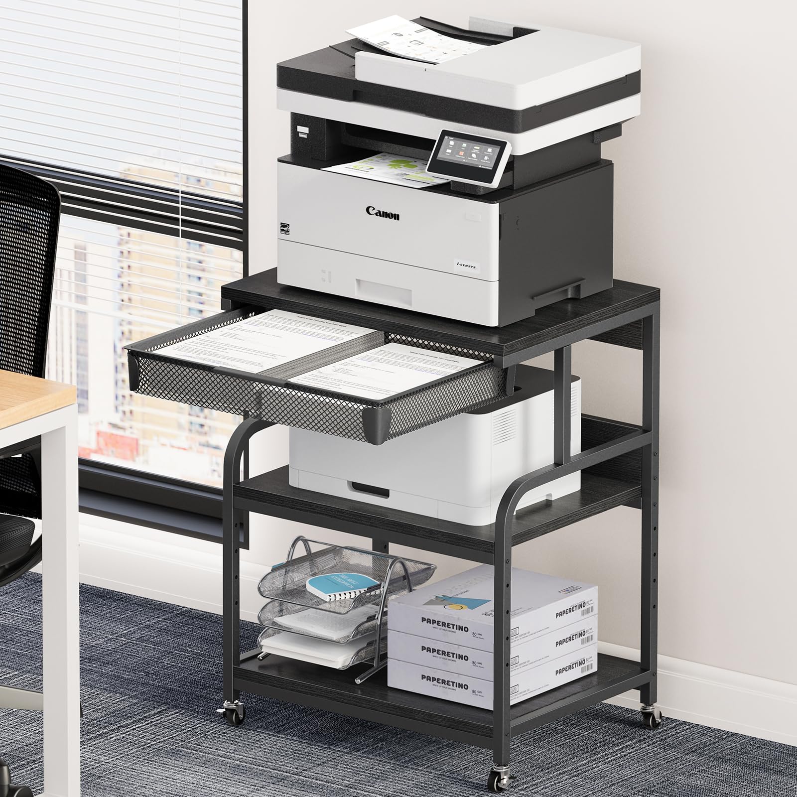 EasyCom 23.6''x18.9'' Extra Large Adjustable Printer Stand with 3 Storage Drawers & Wheels - 5 Height Settings Rolling Printer Cart for Home Office - Perfect for Printer, Scanner, Fax Machine & Office Organization