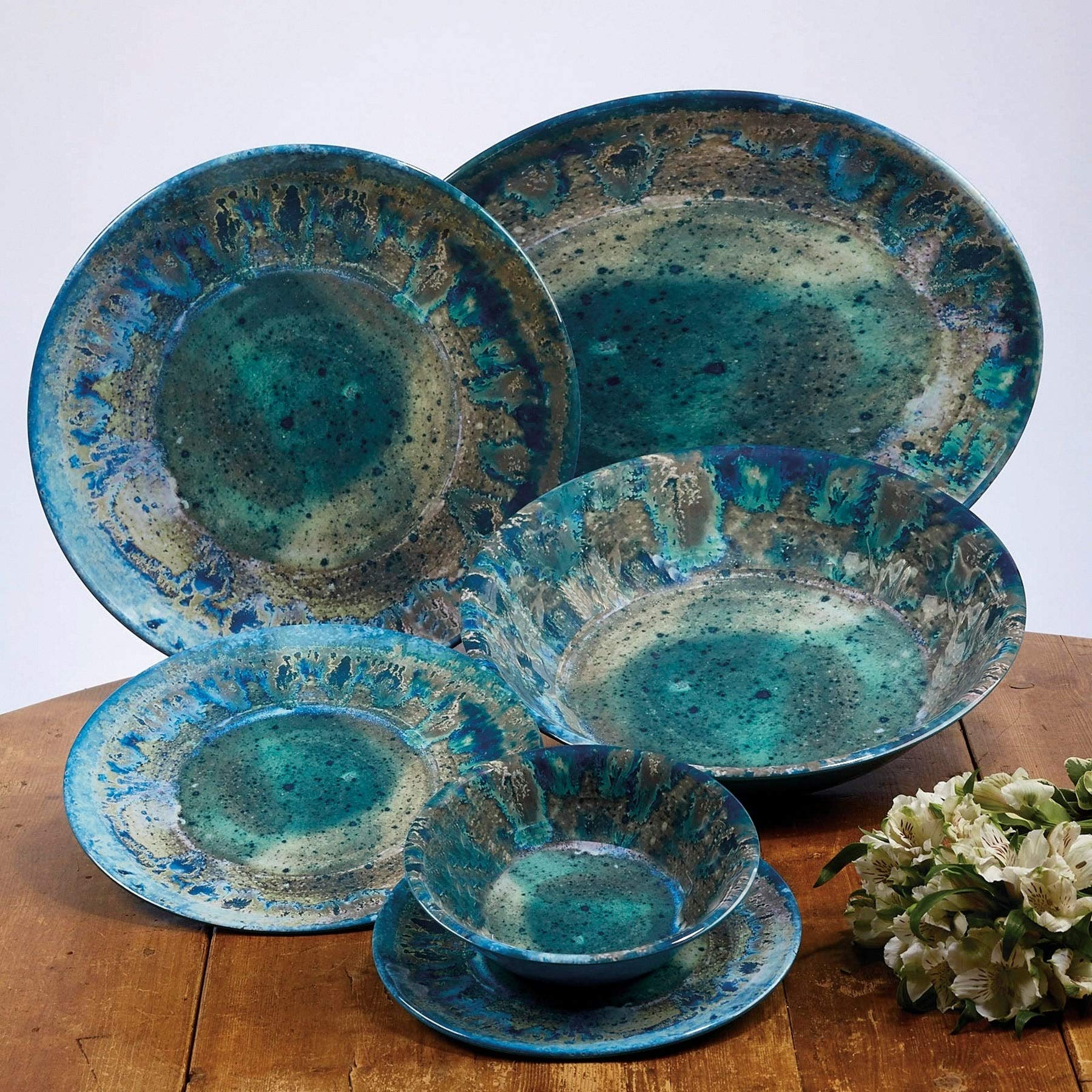 12-Piece Blue Textured Modern Dinnerware Set - Round Dishwasher Safe Plates & Bowls for Casual Dining & Everyday Use