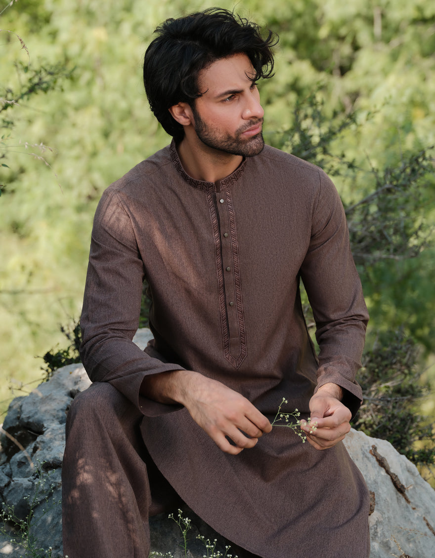 Elegant Blended Brown Shalwar Kameez by J. Junaid Jamshed - Traditional Pakistani Outfit for Weddings, Eid & Special Occasions
