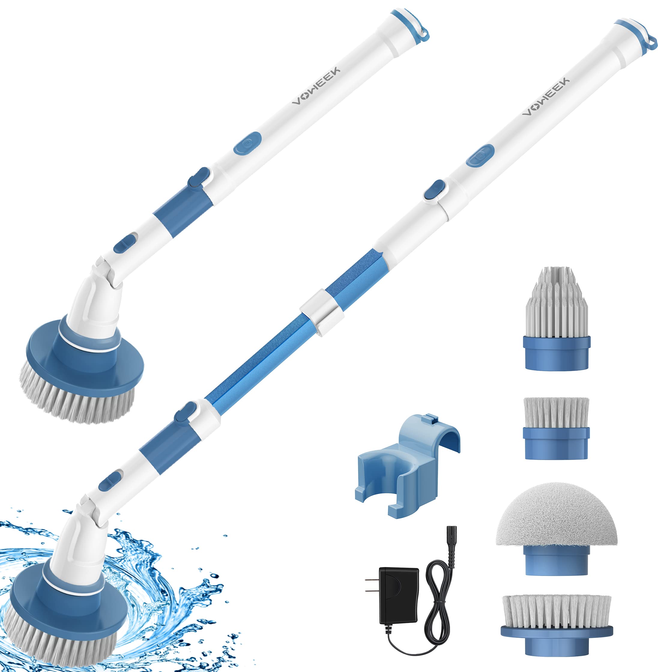 Voweek Cordless Electric Spin Scrubber with 4 Replaceable Brush Heads & Adjustable Handle - Powerful Cleaning Tool for Bathroom, Shower, Tile, Kitchen, Floor - Ideal for Deep Cleaning Grout, Sinks, Tubs and Hard-to-Reach Areas (Blue)