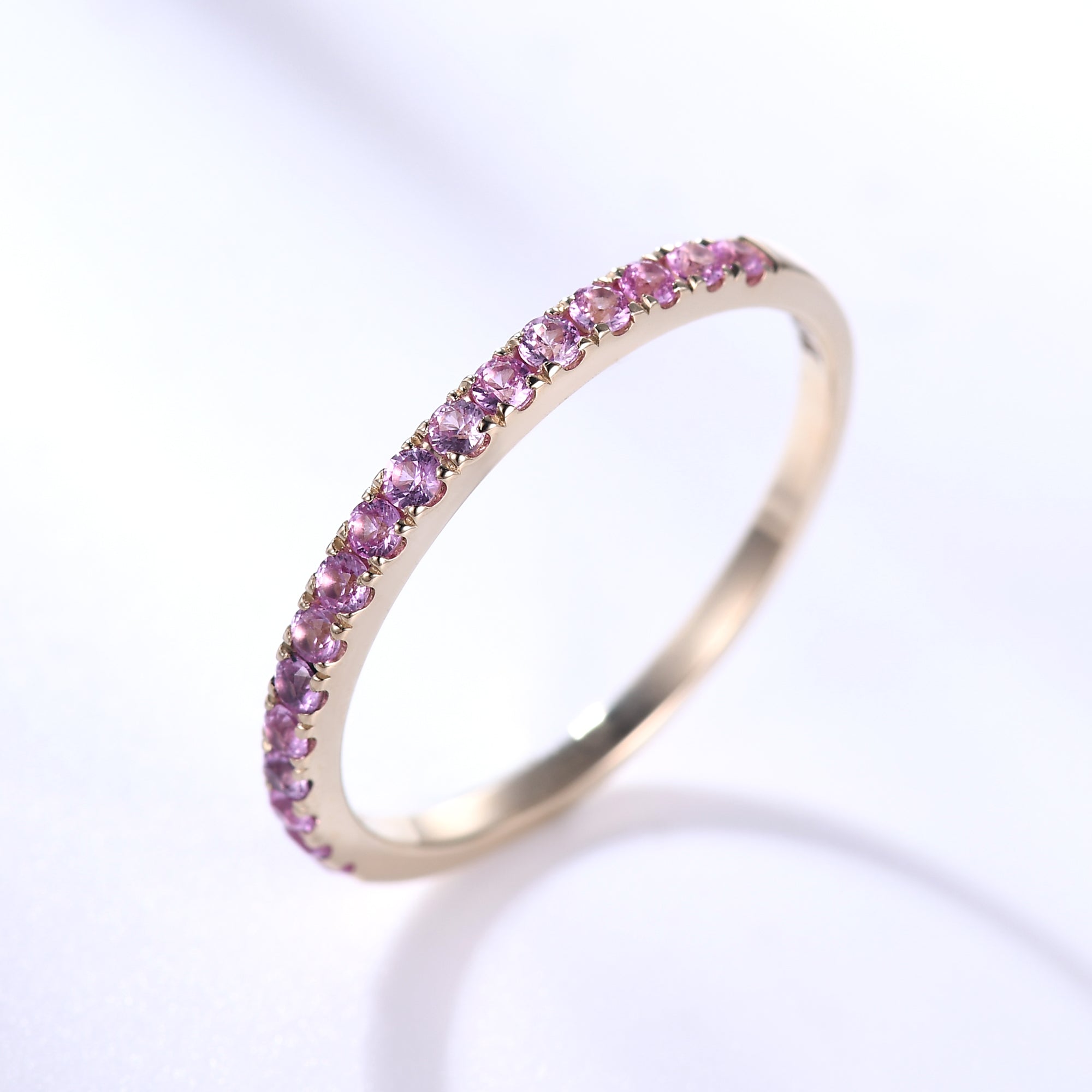 Natural Pink Sapphire Wedding Ring - 14k Rose Gold Half Eternity Band with Micro Pave (1.5mm) | Perfect for Engagement, Anniversary & Bridal Jewelry Gifts
