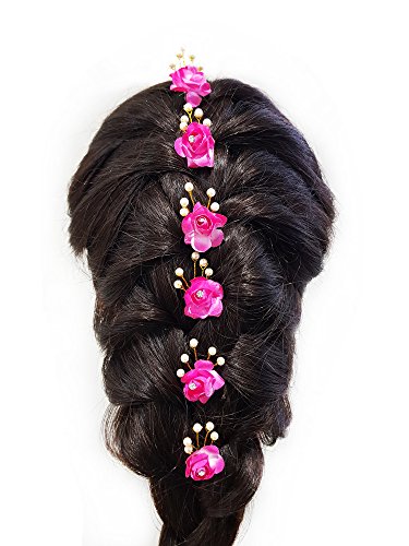 Kabello 6-Piece Pink Hair Flower Juda Pins Set for Women & Girls - Bun Decorations, Hair Accessories (10g) | Perfect for Weddings, Parties & Everyday Hairstyles