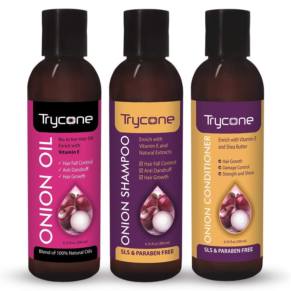 Trycone Onion Hair Oil, Shampoo & Conditioner Set for Hair Growth & Scalp Care - 3 Piece Combo for Thicker, Healthier Hair - Perfect for Daily Hair Care Routine & Damaged Hair Treatment