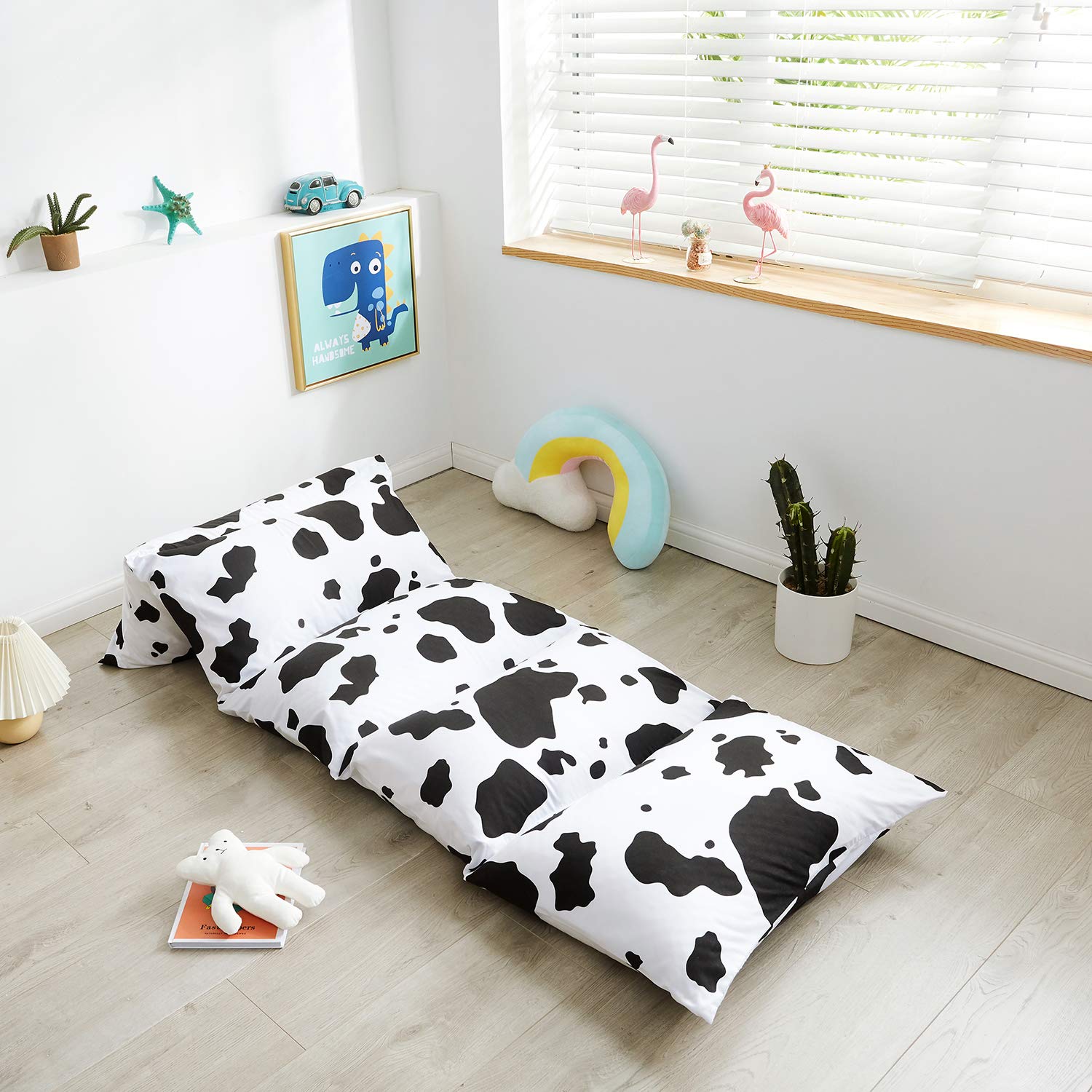 Mengersi Kids Floor Pillow Lounger Cover - Soft Cow Print Pillow Case for Boys & Girls, Toddler Bed Cover (Queen Size, 5 Pillows Required, Pillows Not Included) - Perfect for Playroom, Nursery, or Cozy Reading Nook