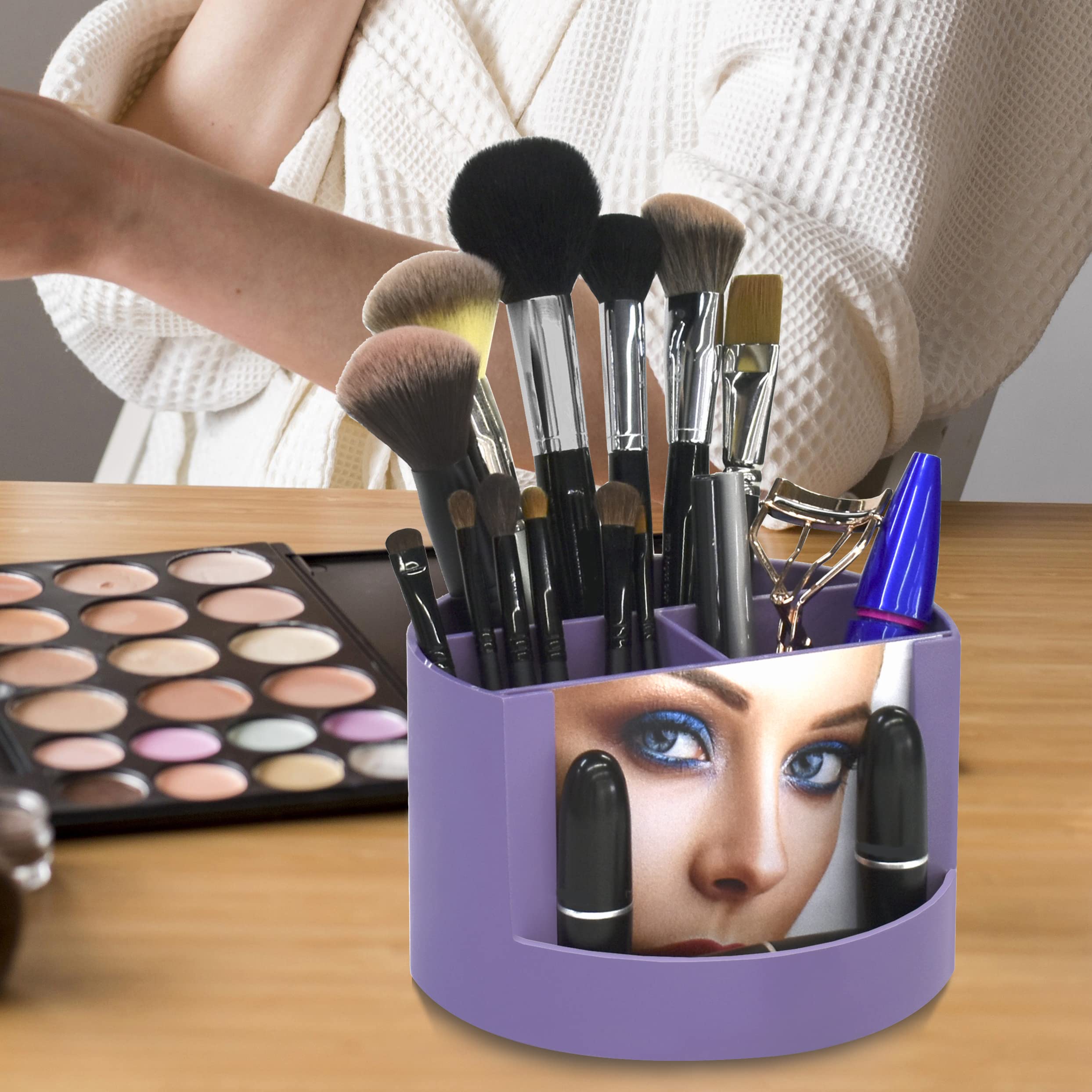 Acrimet Compact Desktop Organizer - 4 Spacious Slots Round Pencil Holder with Photo Slot | Office Supplies, Art & Vanity Storage | Home & Desk Organization (Solid Purple Plastic) | Perfect for Pens, Makeup Brushes, Stationery & Family Photos