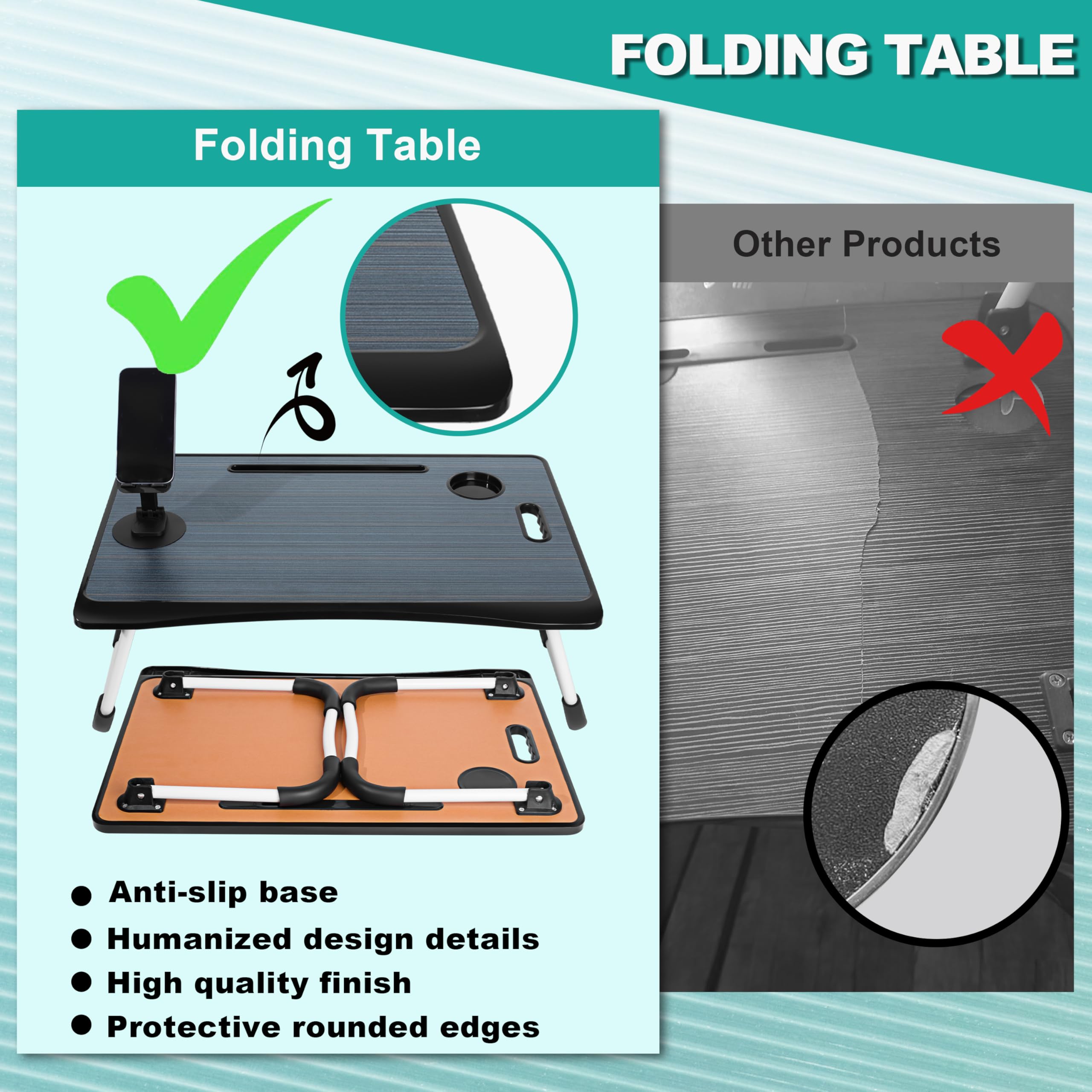 4-in-1 Foldable Laptop Desk with Cup Holder & Tablet Slot - Portable Lap Desk for Bed, Couch, Office & Travel - Perfect for Breakfast, Reading, Writing & Working in Bed - Black
