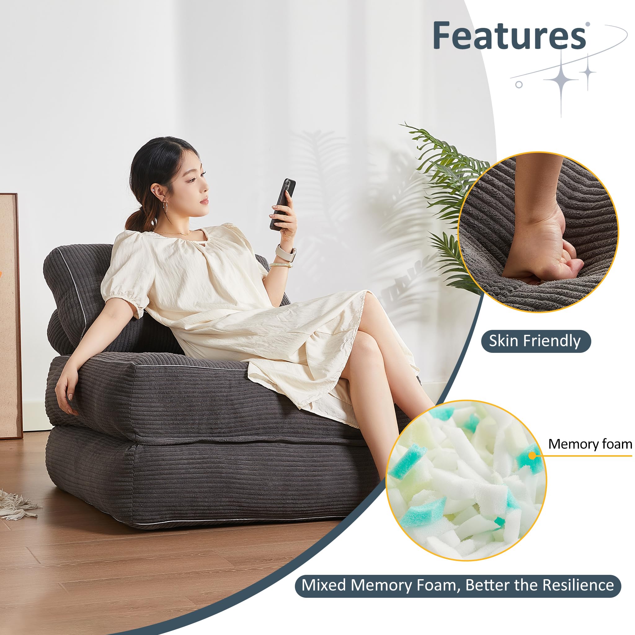 Convertible Folding Chair Bed - Multi-Functional Futon Sofa Bed for Living Room, Bedroom & Small Spaces - Grey Floor Couch for Adults - Perfect for Guest Sleeping, Lounging & Space Saving
