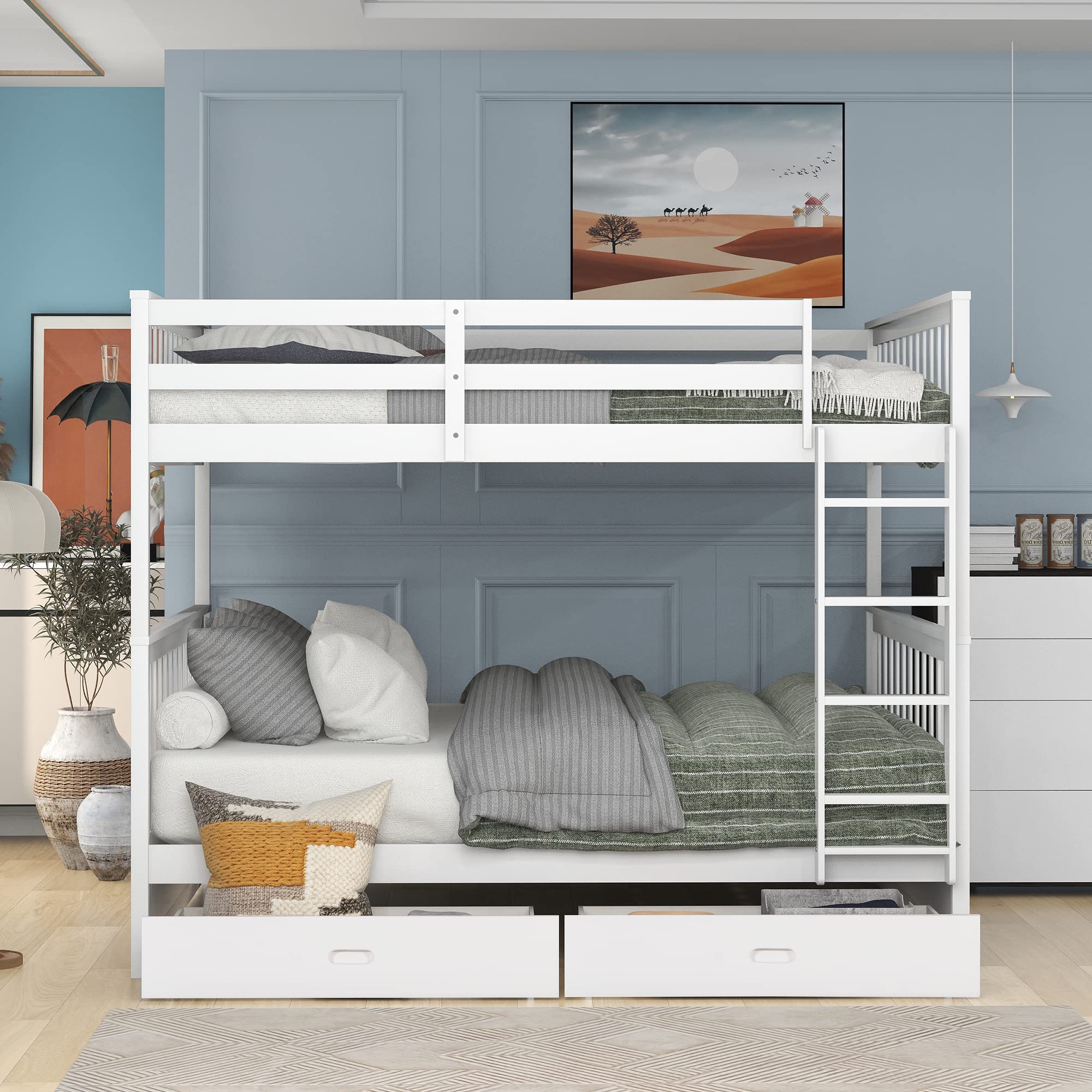 Harper & Bright Designs Full Bunk Beds with Storage Drawers - Solid Wood Detachable Full Over Full Bunk Bed Frame with Ladders & Safety Rail for Kids, Teens, Adults (White) - Perfect for Small Bedrooms, Guest Rooms & Vacation Homes
