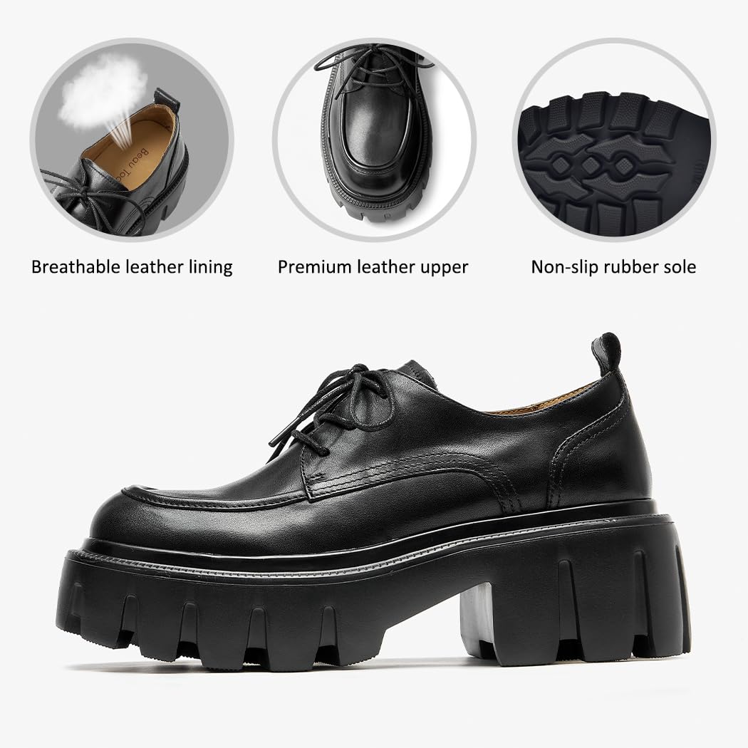 BEAU TODAY Women's Chunky Leather Lace-Up Oxford Shoes - Comfortable Platform Office Dress Shoes for Business, Work & Casual Wear | Perfect for Professional Outfits, Daily Commute & Smart Casual Occasions