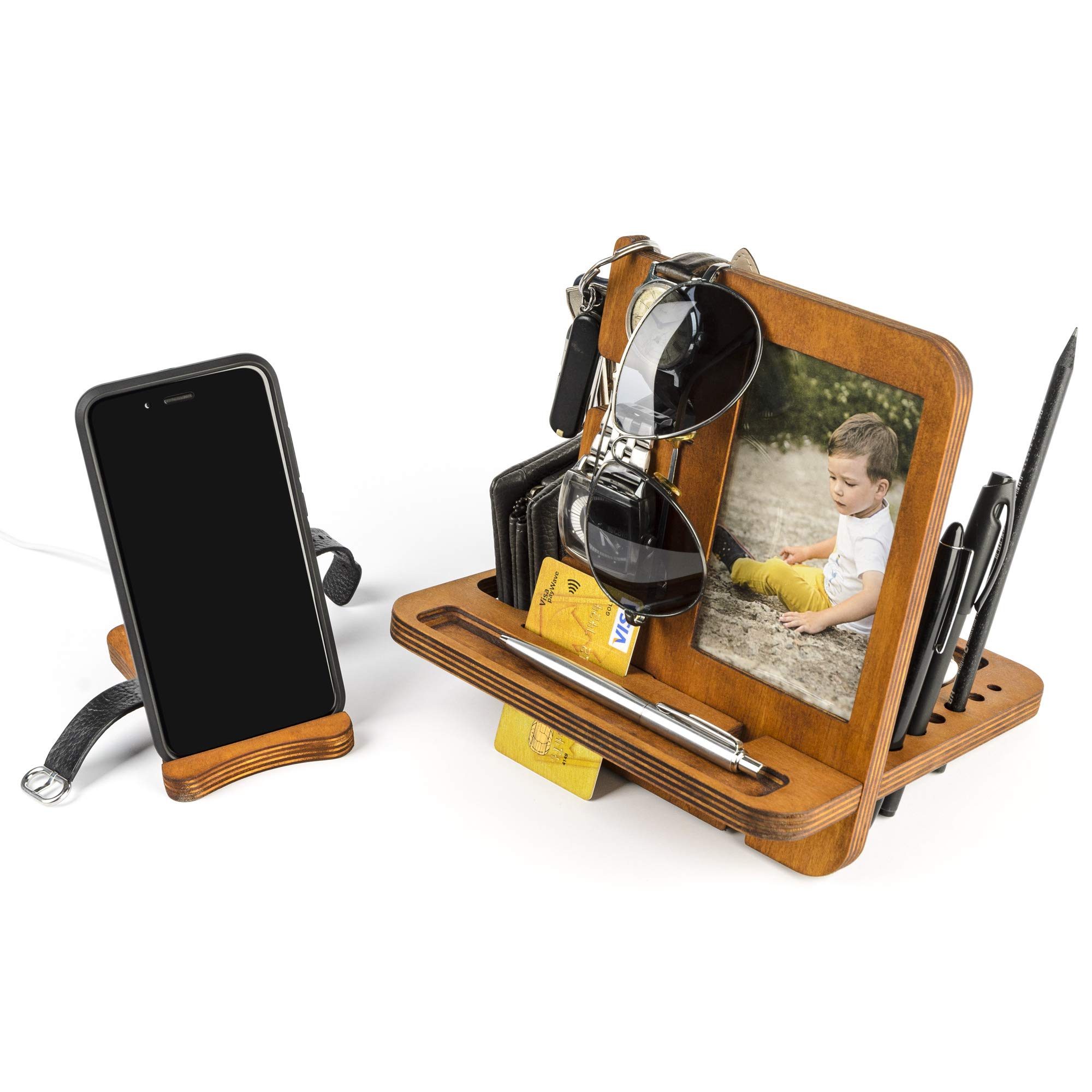 Wooden Phone Docking Station - Nightstand Organizer for Men with Phone, Tablet & Watch Holder - Wallet Stand - Perfect Anniversary Gift for Husband from Wife - Ideal for Bedside Organization & Tech Accessories Storage