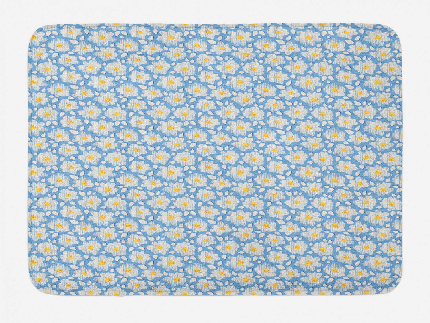 Ambesonne Floral Bath Mat - Non-Slip Plush Bathroom Rug with Retro Daisy Sketch in Pastel Tones, 30.2 x 20 Inches, Mustard & Sky Blue - Perfect for Vintage Style Bathrooms, Guest Suites & Cozy Home Decor