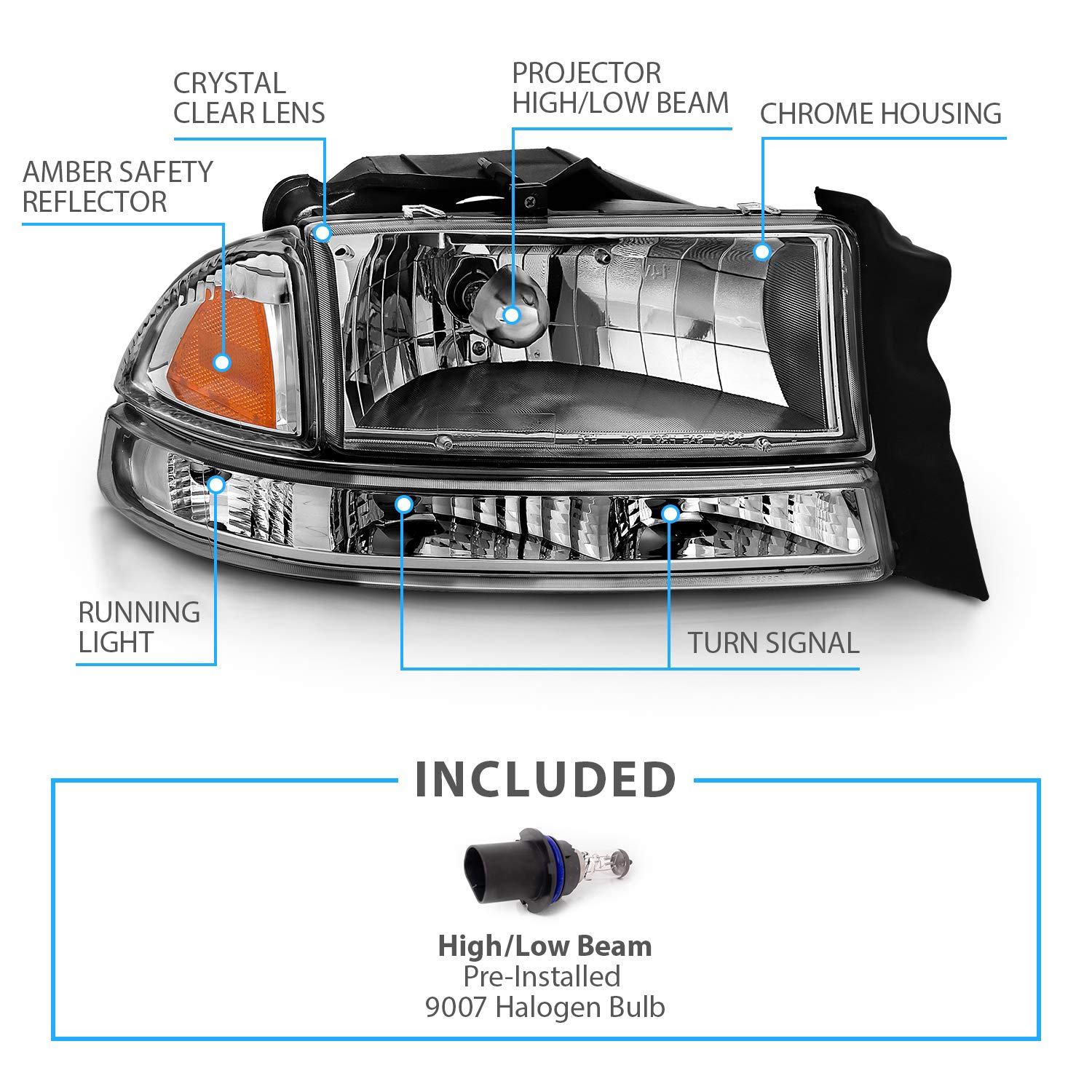 AmeriLite Chrome Replacement Headlights Corner Parking Light Set for Dodge Dakota & Durango - Driver & Passenger Side - High Visibility & Durable for Night Driving & Off-Road Adventures