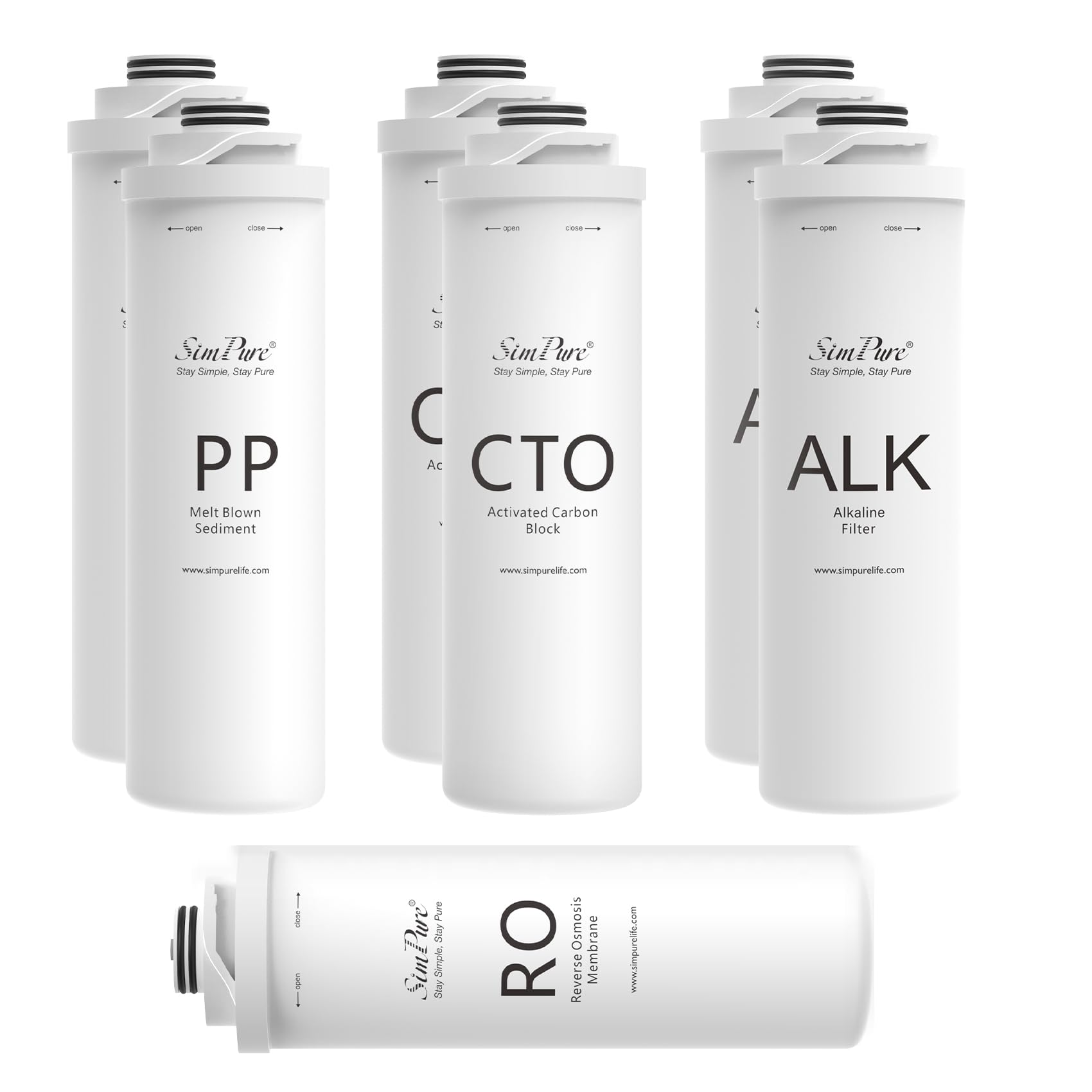 SimPure T1-400ALK Replacement Water Filter Cartridge Set (2 PP + 2 CTO + 1 RO + 2 ALK Filters) - 1 Year Supply for Tankless Reverse Osmosis System | Perfect for Home, Office & RV Water Filtration