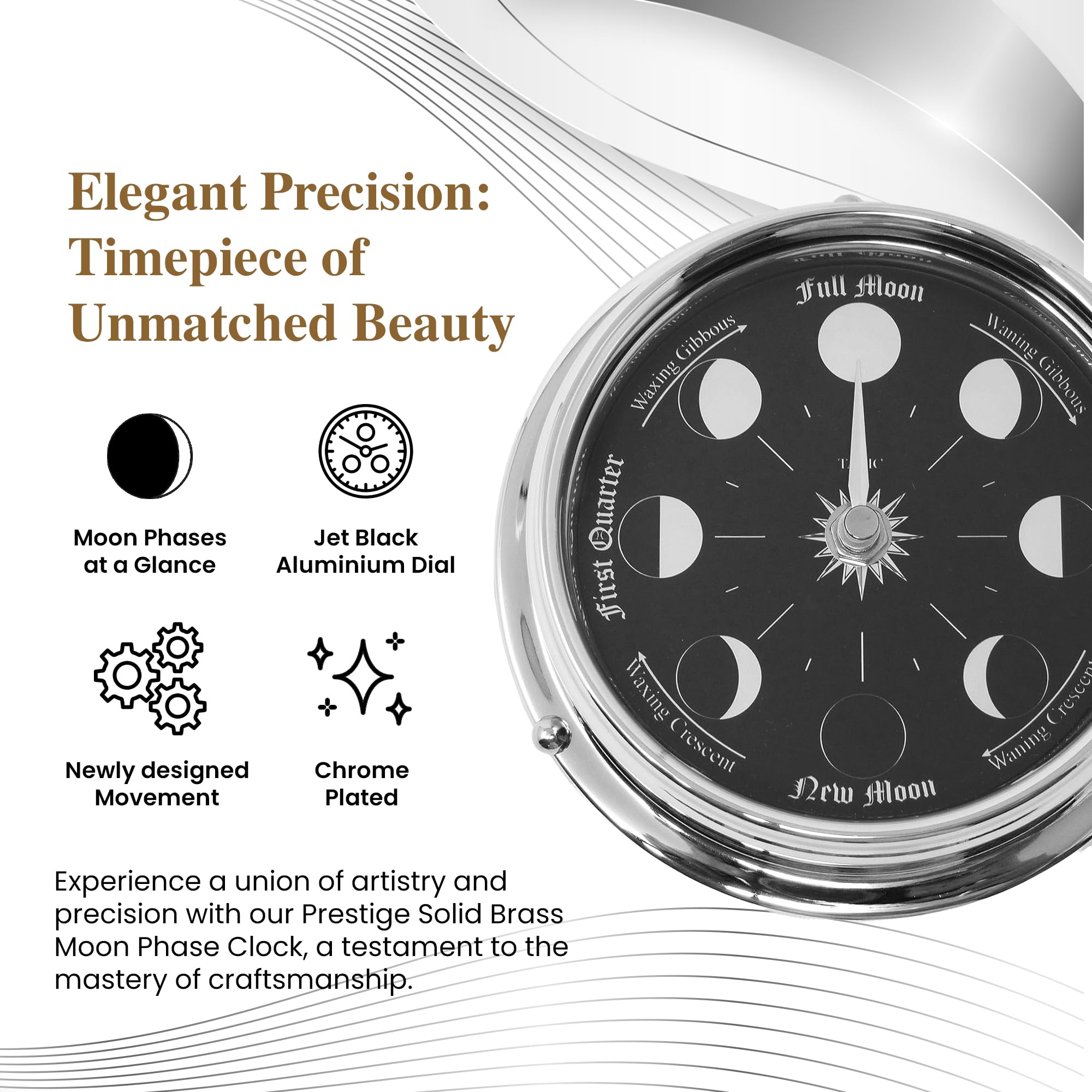 Handmade Chrome Moon Phase Wall Clock - Elegant Full Moon Design with Jet Black Dial, Mirror Backdrop & Chrome Hands - Perfect for Home, Office Decor & Unique Gifts
