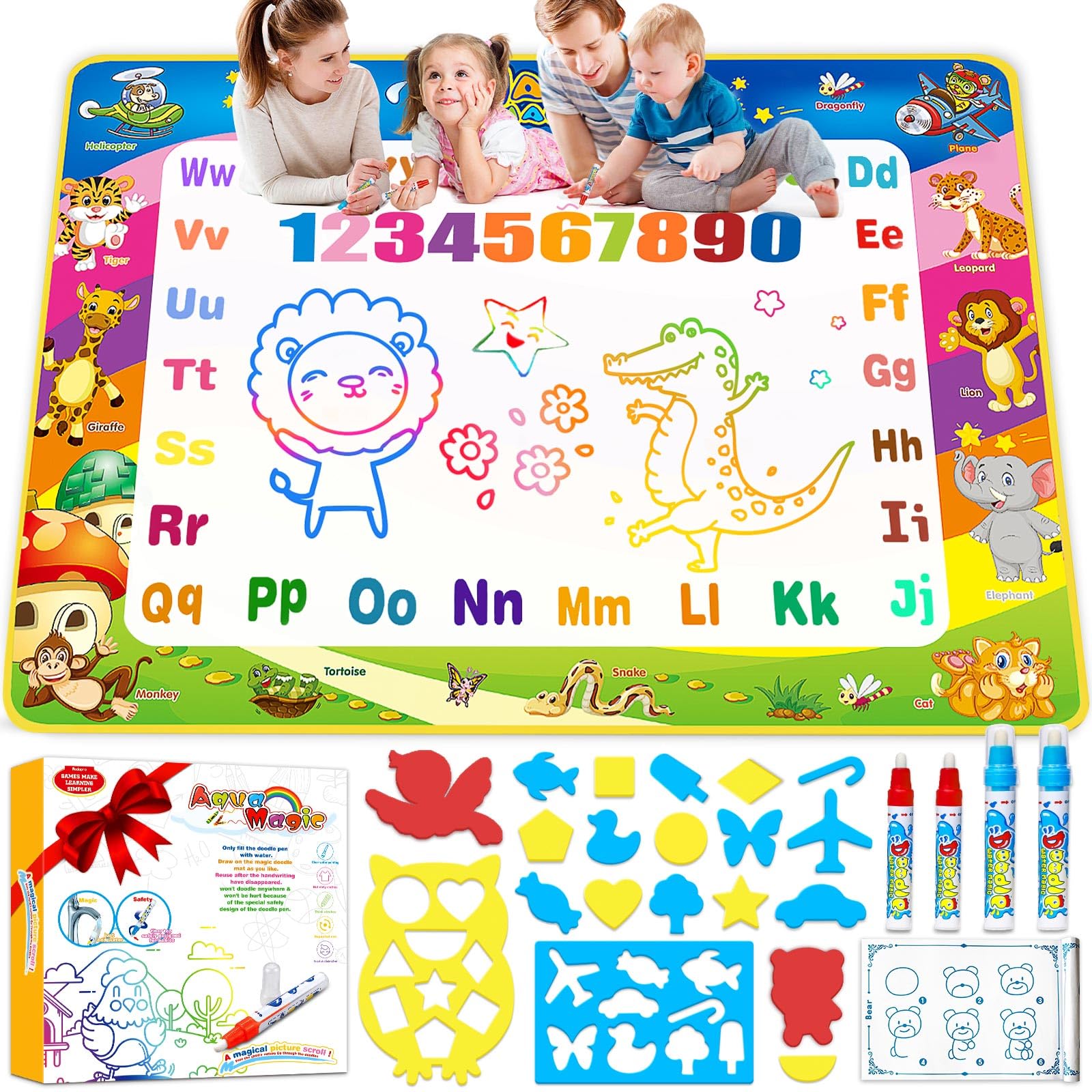 Water Doodle Mat for Kids Ages 2-7 | 40x30 Inch Large Reusable Drawing Mat | Mess-Free Coloring & Learning Toy | Perfect Birthday Gift for Toddlers & Preschoolers | Indoor Play, Travel Activity, Early Education Development