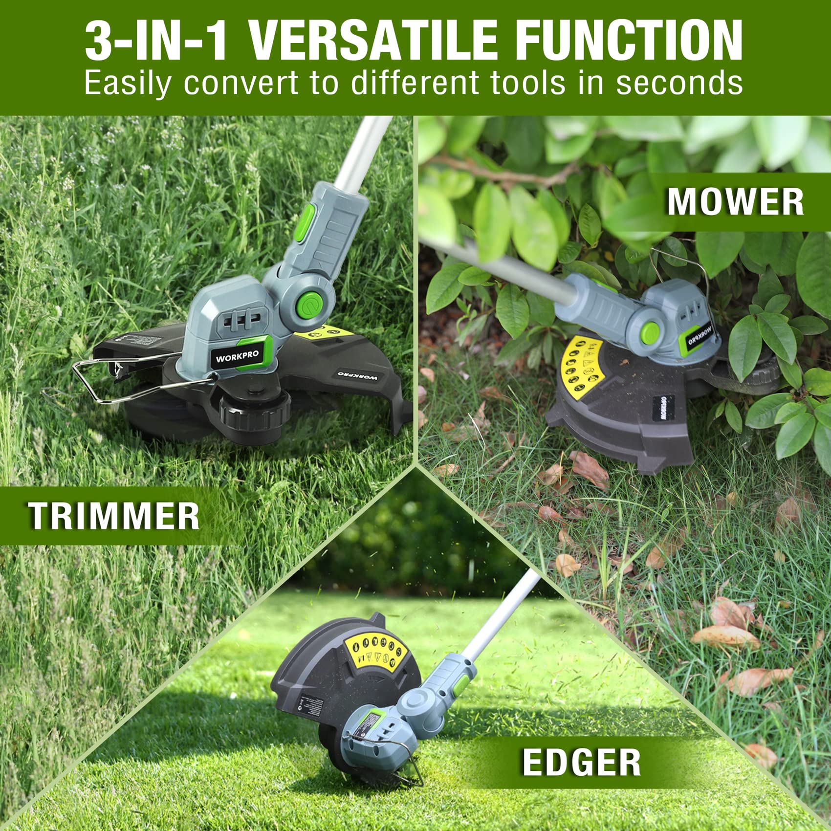 WORKPRO 20V Cordless String Trimmer & Edger - 12-Inch Cutting Width, 2.0Ah Li-Ion Battery, Fast 1-Hour Charger, Includes 16.4ft Trimming Line - Perfect for Lawn Edging, Weed Control & Yard Maintenance