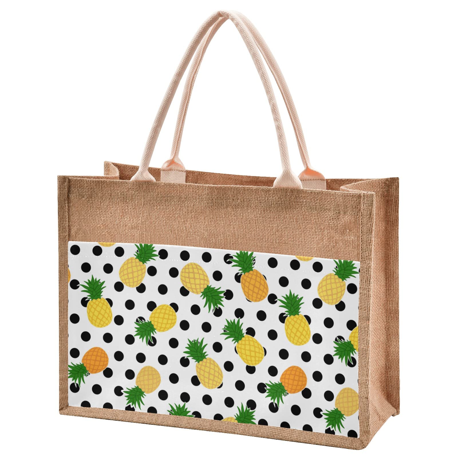 Stylish Pineapple & Black Polka Dot Jute Tote Bag - Eco-Friendly Reusable Straw Beach Bag for Shopping, Groceries & Wedding Gifts | Perfect for Beach Outings, Farmers Markets & Summer Accessories