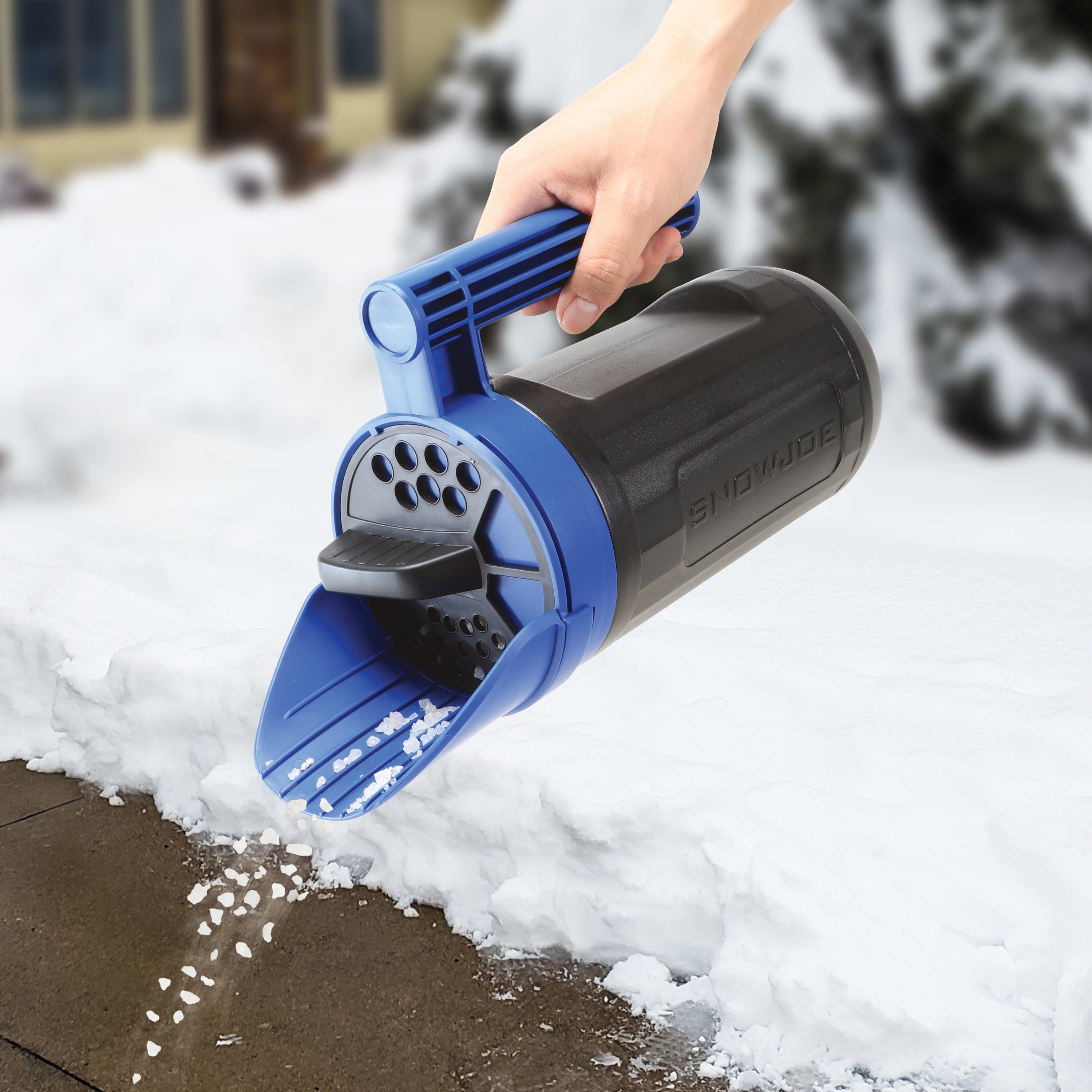 Snow Joe + Sun Joe SJSPD1 Handheld All-Season Multi-Purpose Spreader | 5 lbs Capacity | Adjustable Dial Flow Control | Perfect for Lawn Care, Gardening & Winter De-Icing