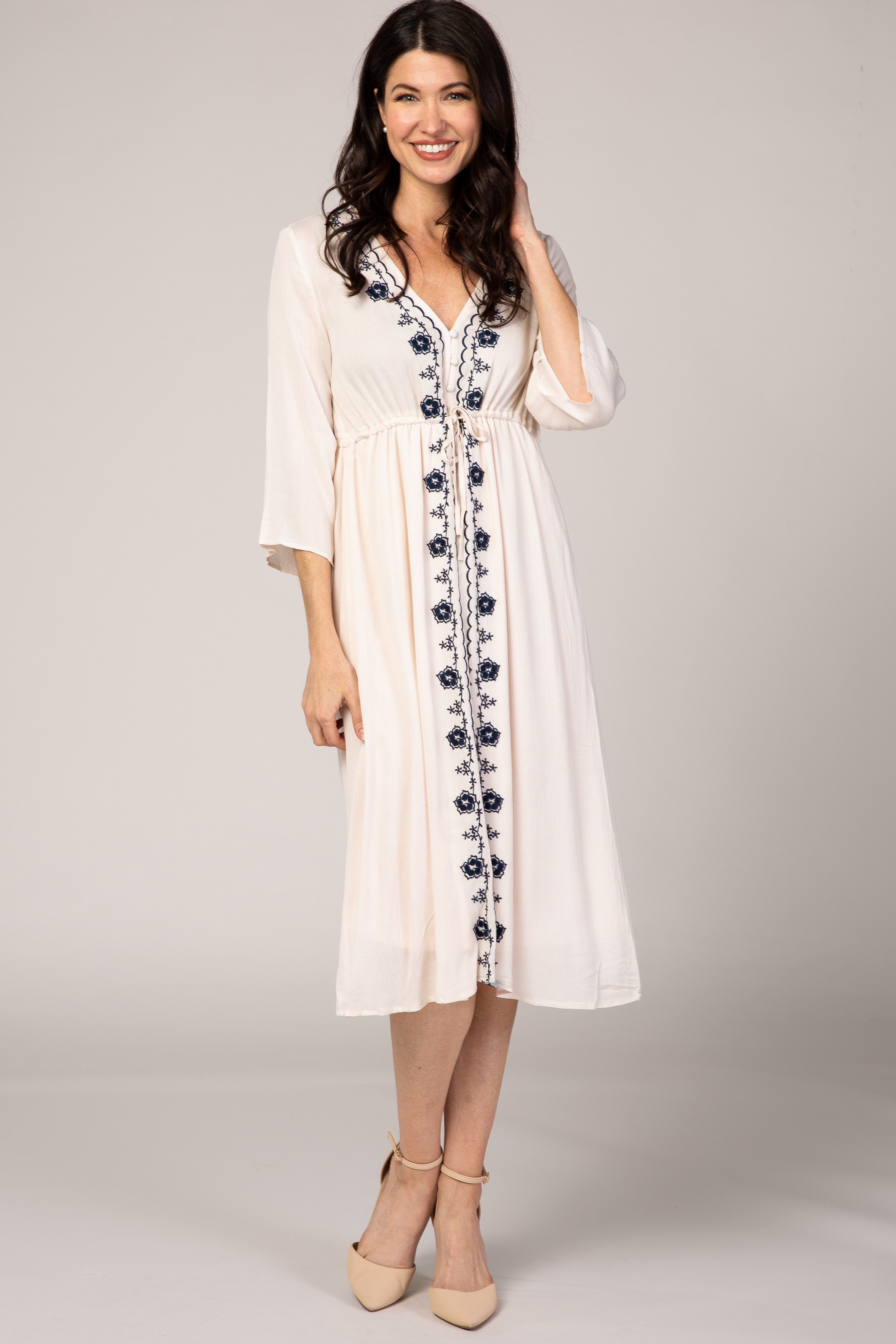 Beige Floral Embroidered 3/4 Sleeve Maternity Midi Dress for Pregnancy - Comfortable Stretchy Nursing Dress for Baby Shower, Maternity Photo Shoot & Special Occasions