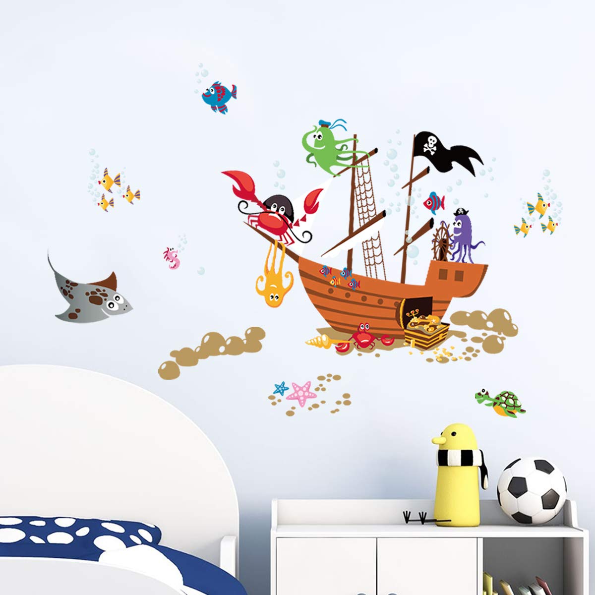 Pirate Ship & Sea Animal Wall Stickers - Crab, Octopus & Bubbles Decals for Kids Room Decor | Nursery, Playroom & Boys Bedroom Wall Art | Perfect for Underwater Theme & Pirate Adventure Decor