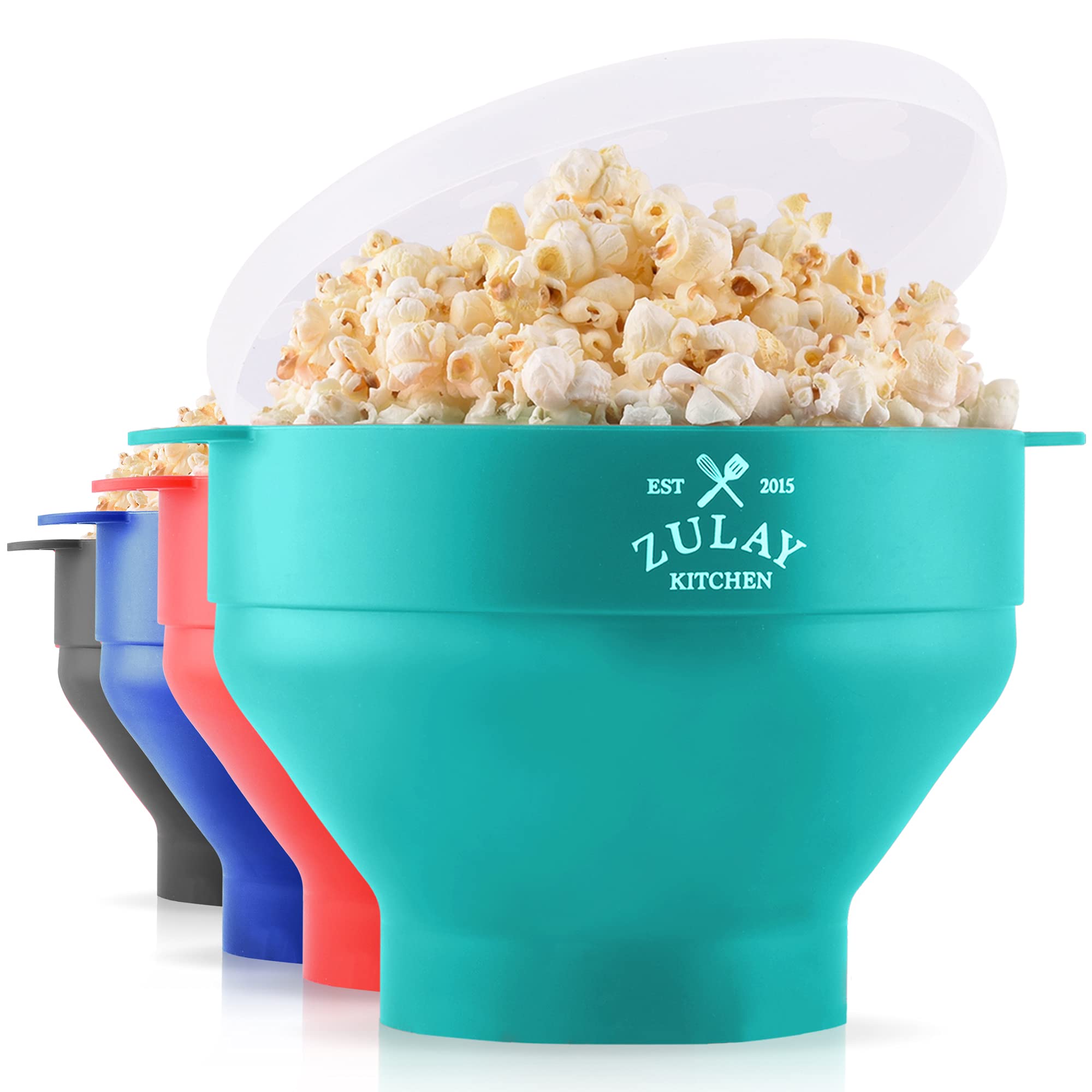 Zulay Kitchen Large BPA-Free Silicone Microwave Popcorn Maker - Collapsible Popcorn Popper Bowl with Lid - Family Size Microwave Safe Popcorn Container - Aqua & Other Colors - Perfect for Movie Nights & Healthy Snacking at Home